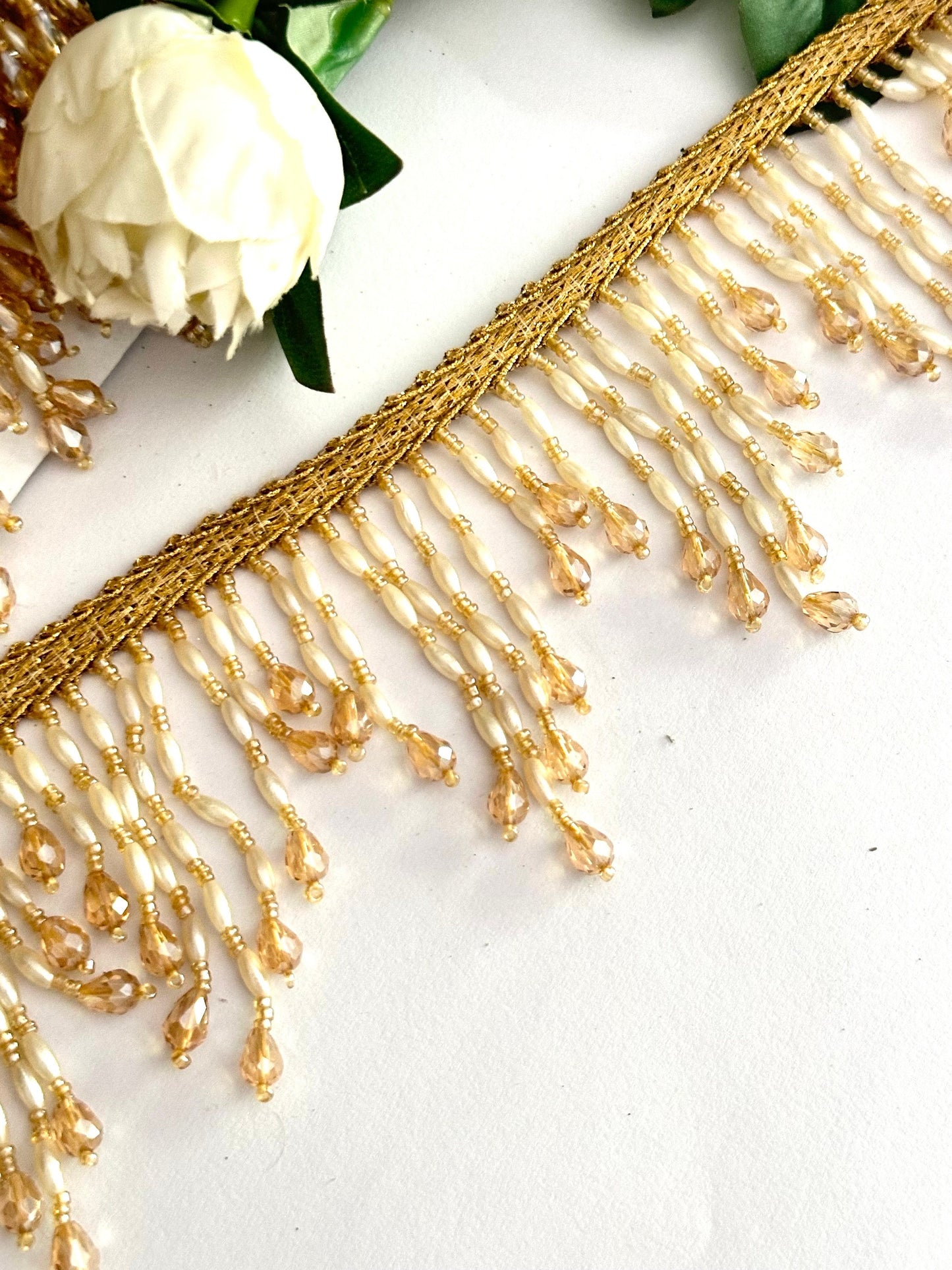 Pearl And Crystal Beaded Decorative Tassel Lace Trim Gold Beaded Latkan Trim