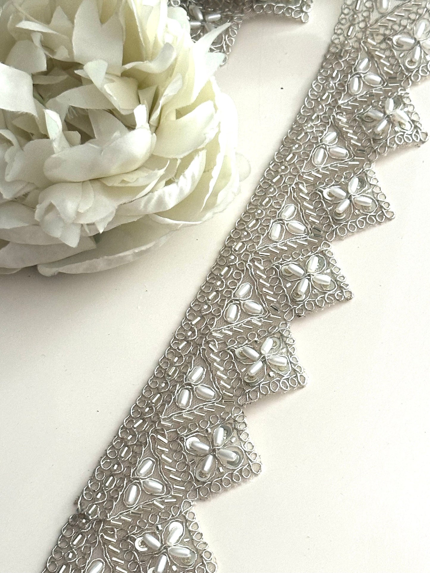 Silver Pearl Glass Bead Trim Zari Lace Indian Saree Border Embellished Lace