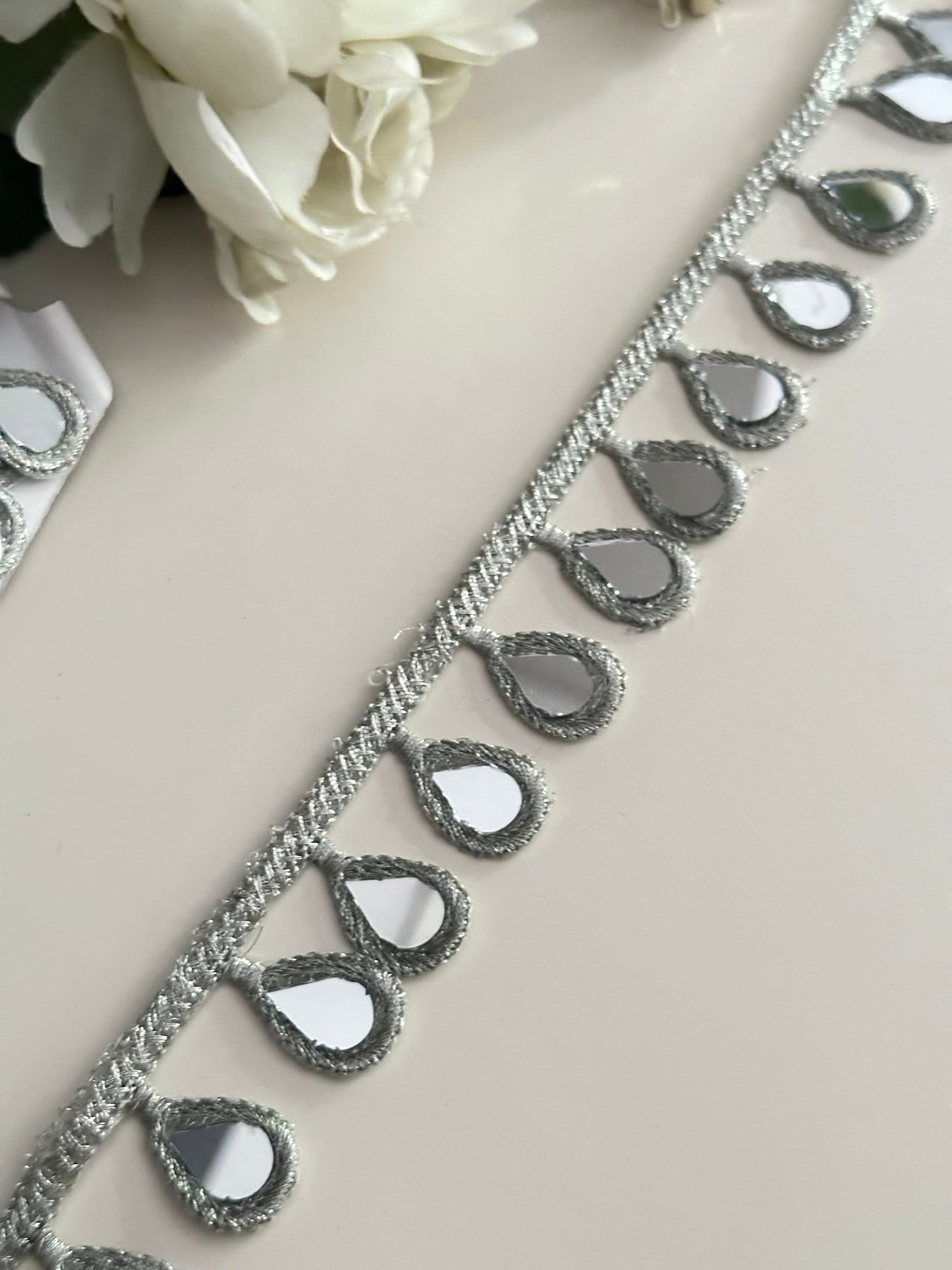 Mirror Tear Drop Tassel Lace For BridesMaid Outfit Dupatta Fringe Lace Silver
