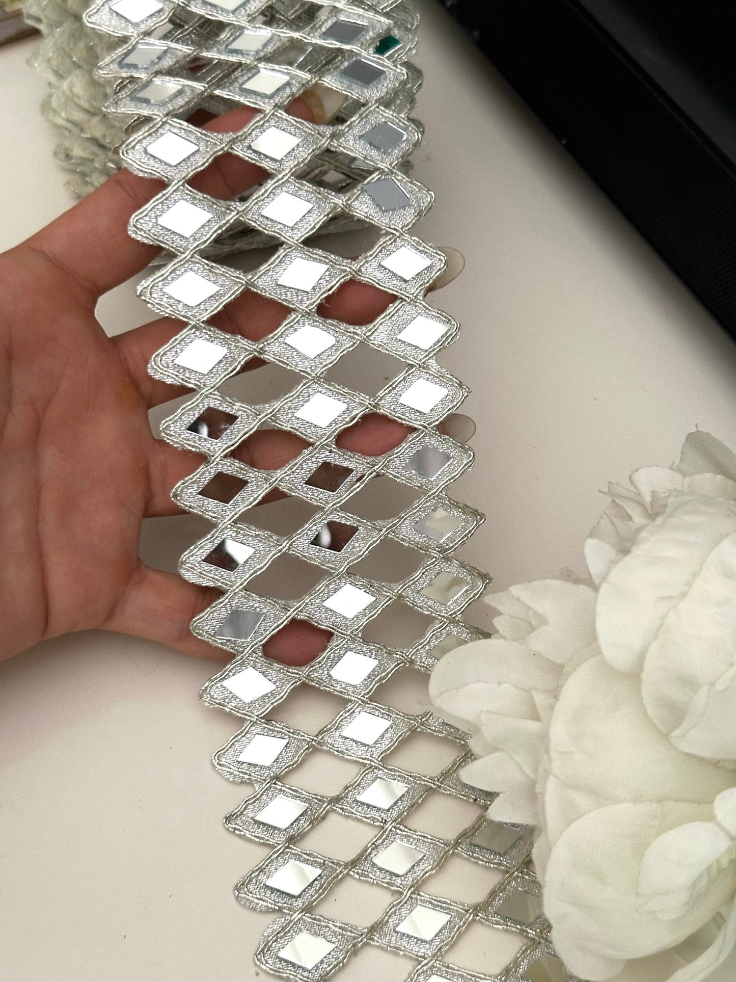Indian Belt Hand Crafted 3 Line Silver Mirror Border Geometric Pattern Trim