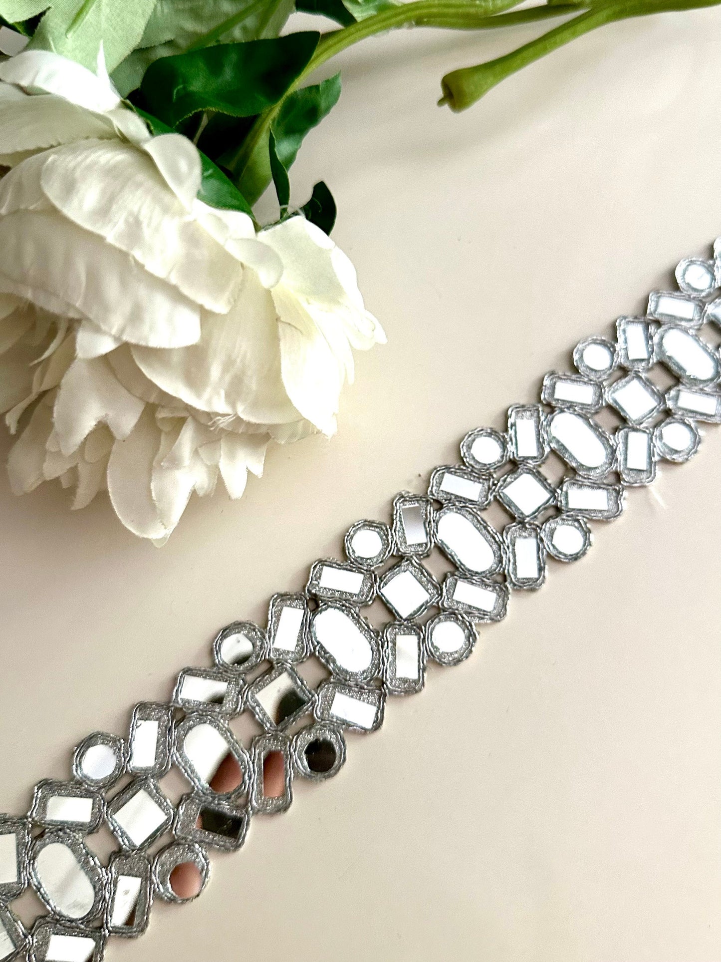 3cm Symmetric Mirror Belt Silver Geometric Cutwork Glamourous saree trim Indian Dupatta Costume Trim Lace DIY Sewing Decor Border By yard