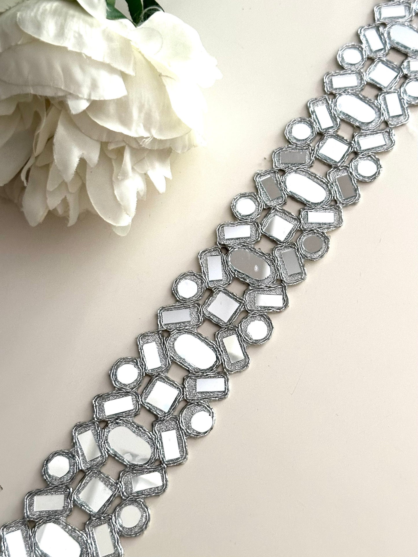 3cm Symmetric Mirror Belt Silver Geometric Cutwork Glamourous saree trim Indian Dupatta Costume Trim Lace DIY Sewing Decor Border By yard