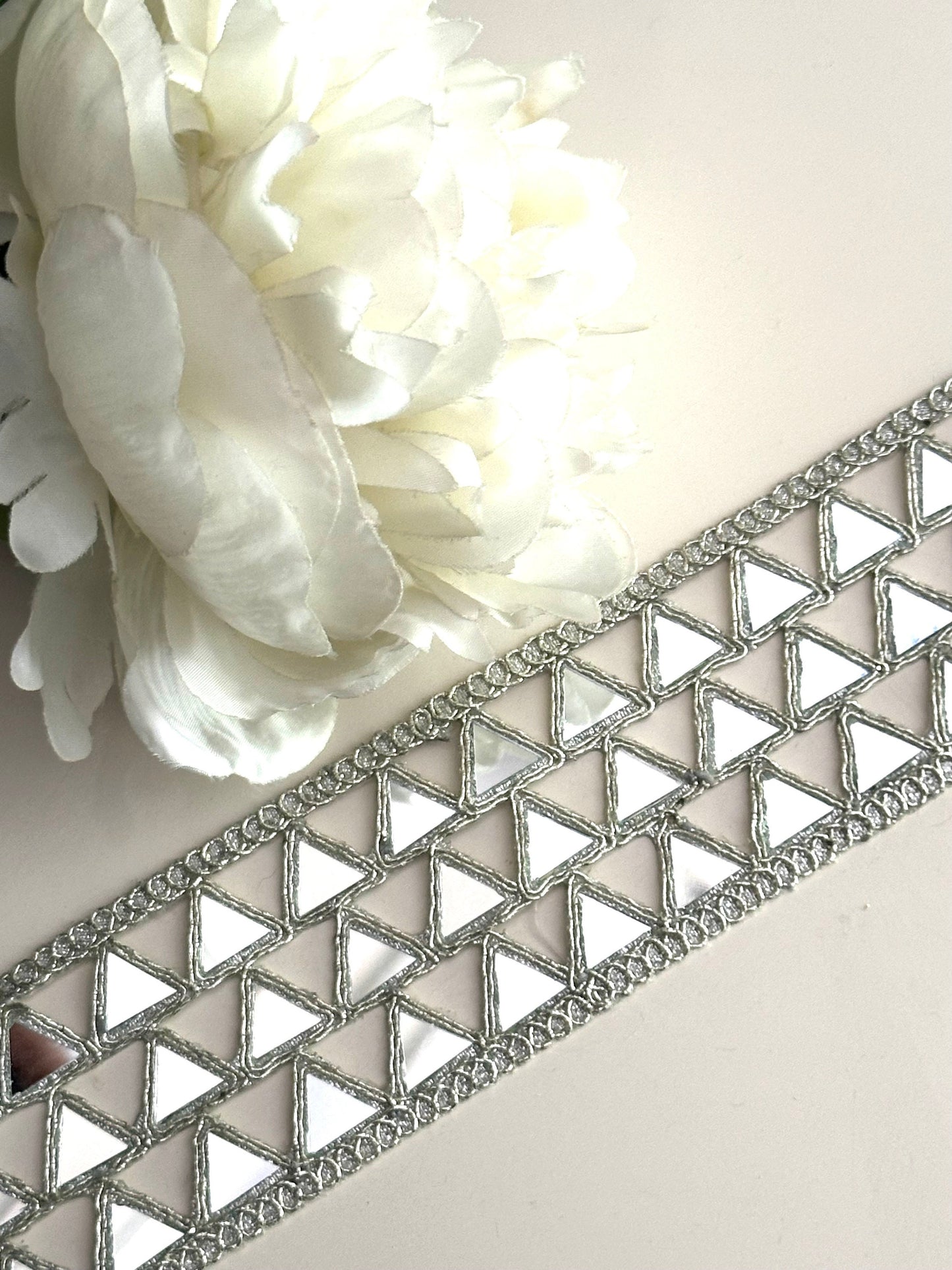 Sparkly Silver Mirror Cutwork Belt trim Embroidered Symmetric saree trim
