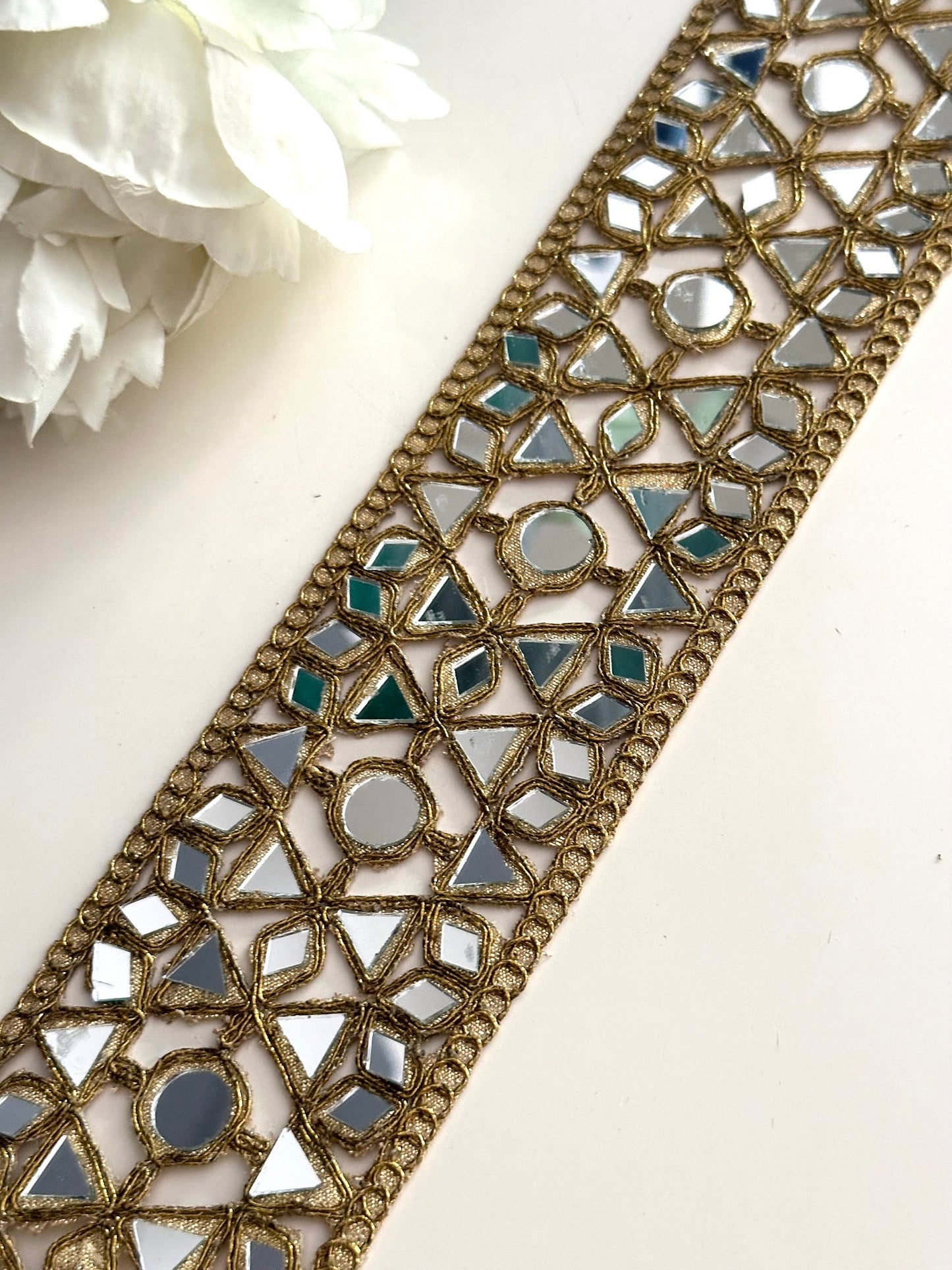 Broad Mirror Indian Embroidered Lace 6cm Antique Gold Mirror Cutwork Glamorous Sari