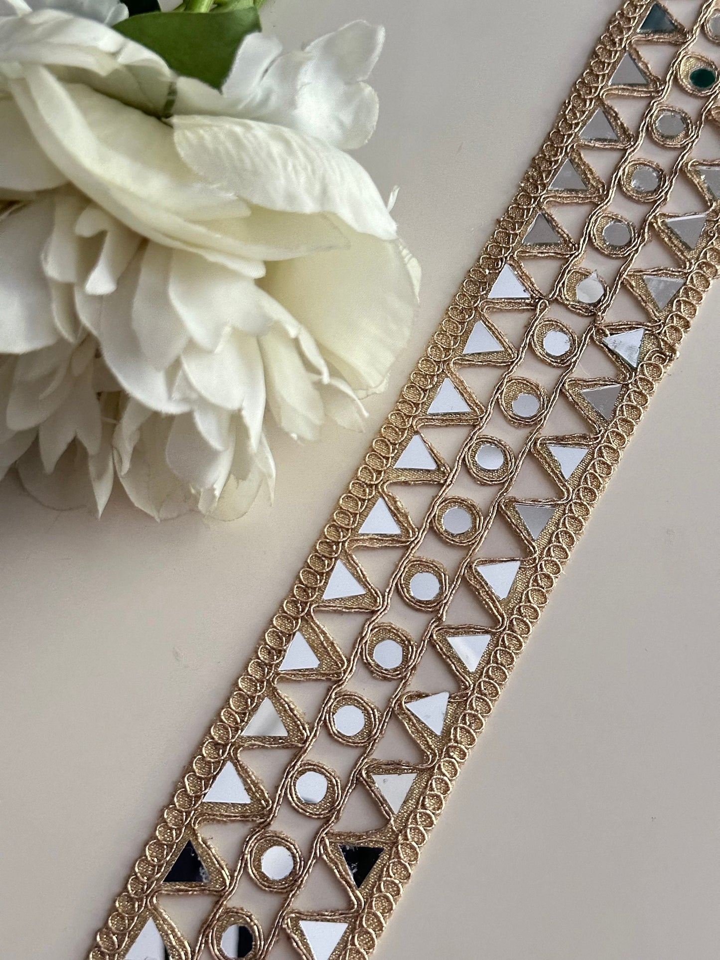 Gold Hand Crafted Broad Indian Mirror Work Border For Mirror Belts Kaftans Sari Suit