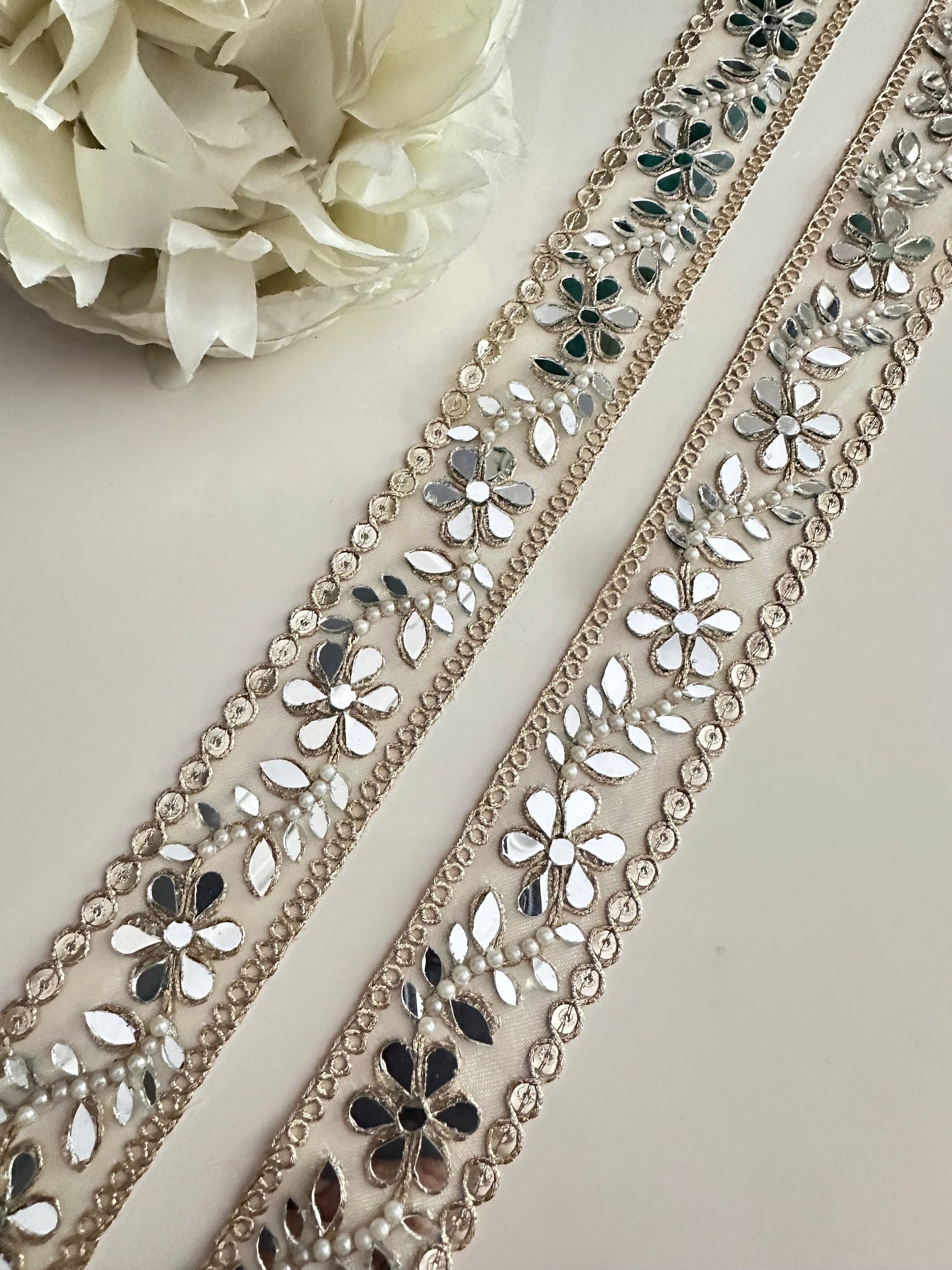 Indian Pearl Mirror Trim Embellished Tulle Fabric Sheer Mirror Trim Glamorous saree Border