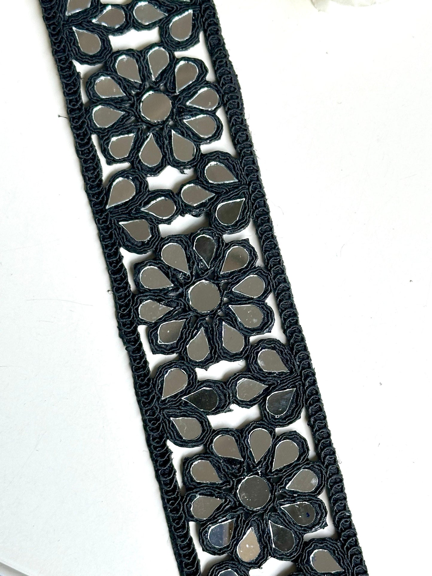 4.5cm Indian Mirror Black Gothic Flower Pattern Trim saree Border Indian Bollywood Mirror Lace