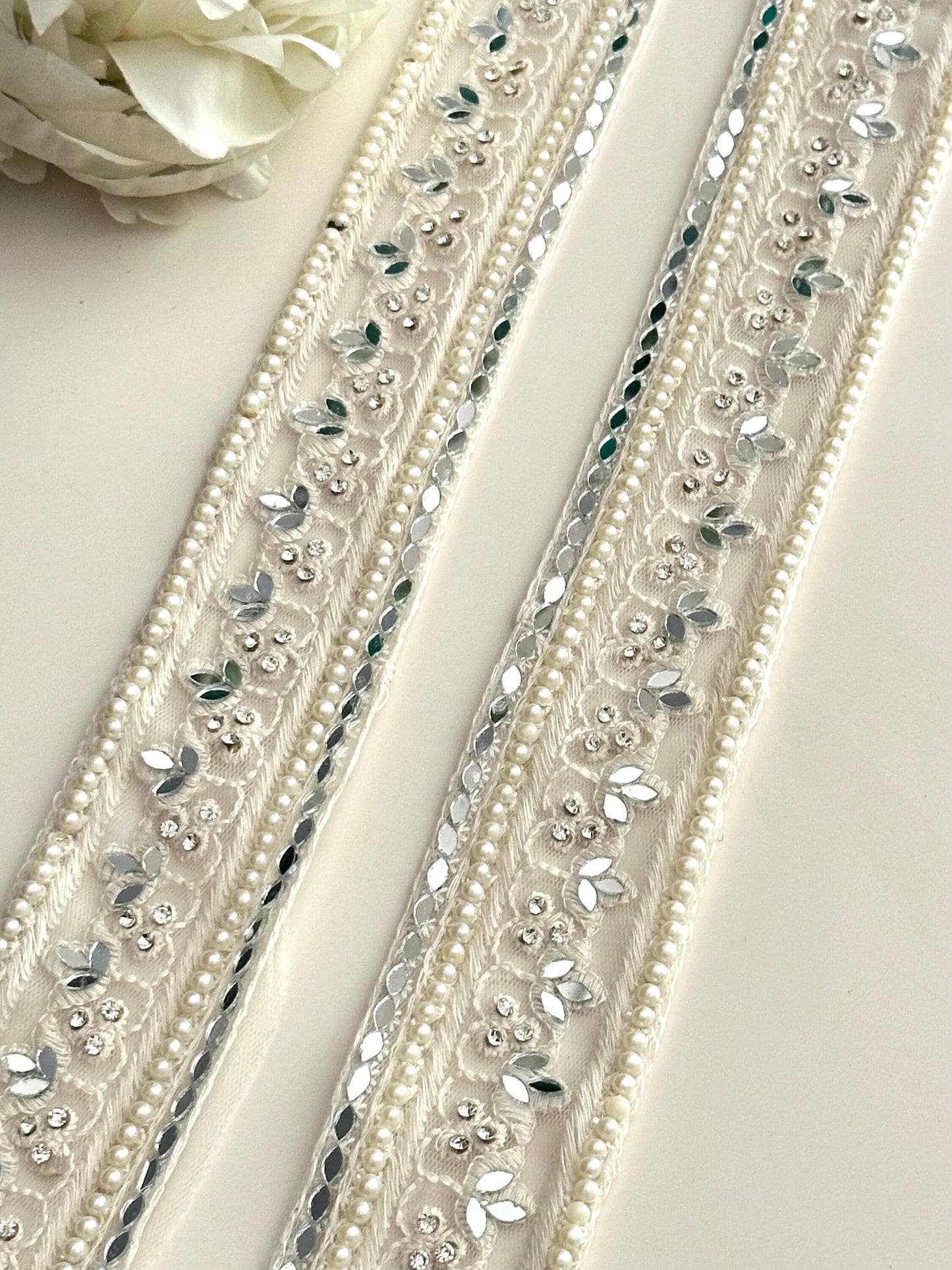 Shiny Ivory Mirror Lace Trim Zircon Catholic wedding Embroidery Band Veil Trim