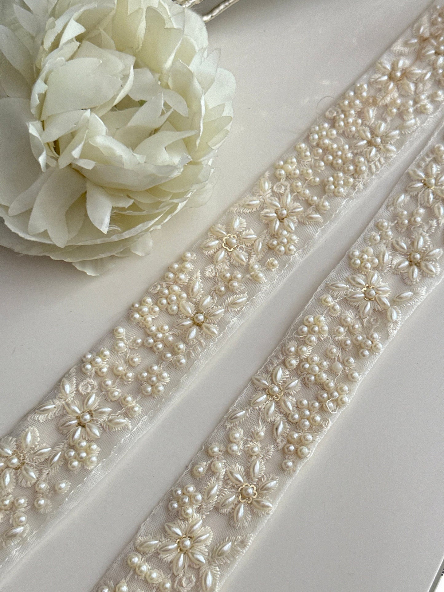 Pearl Beaded Sheer Trim Ivory White Catholic Wedding Lace for Bridal Gown