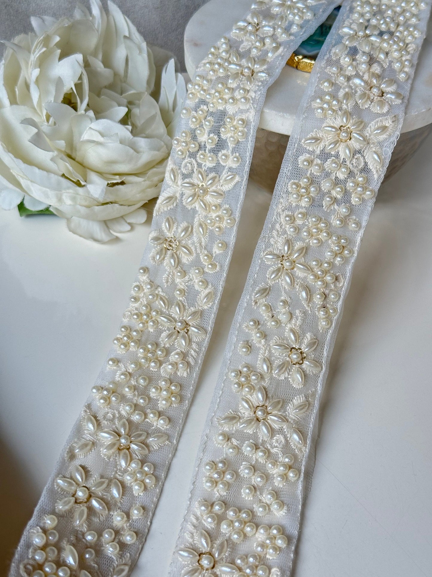 Pearl Beaded Sheer Trim Ivory White Catholic Wedding Lace for Bridal Gown
