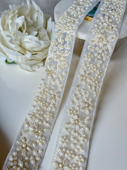 Pearl Beaded Sheer Trim Ivory White