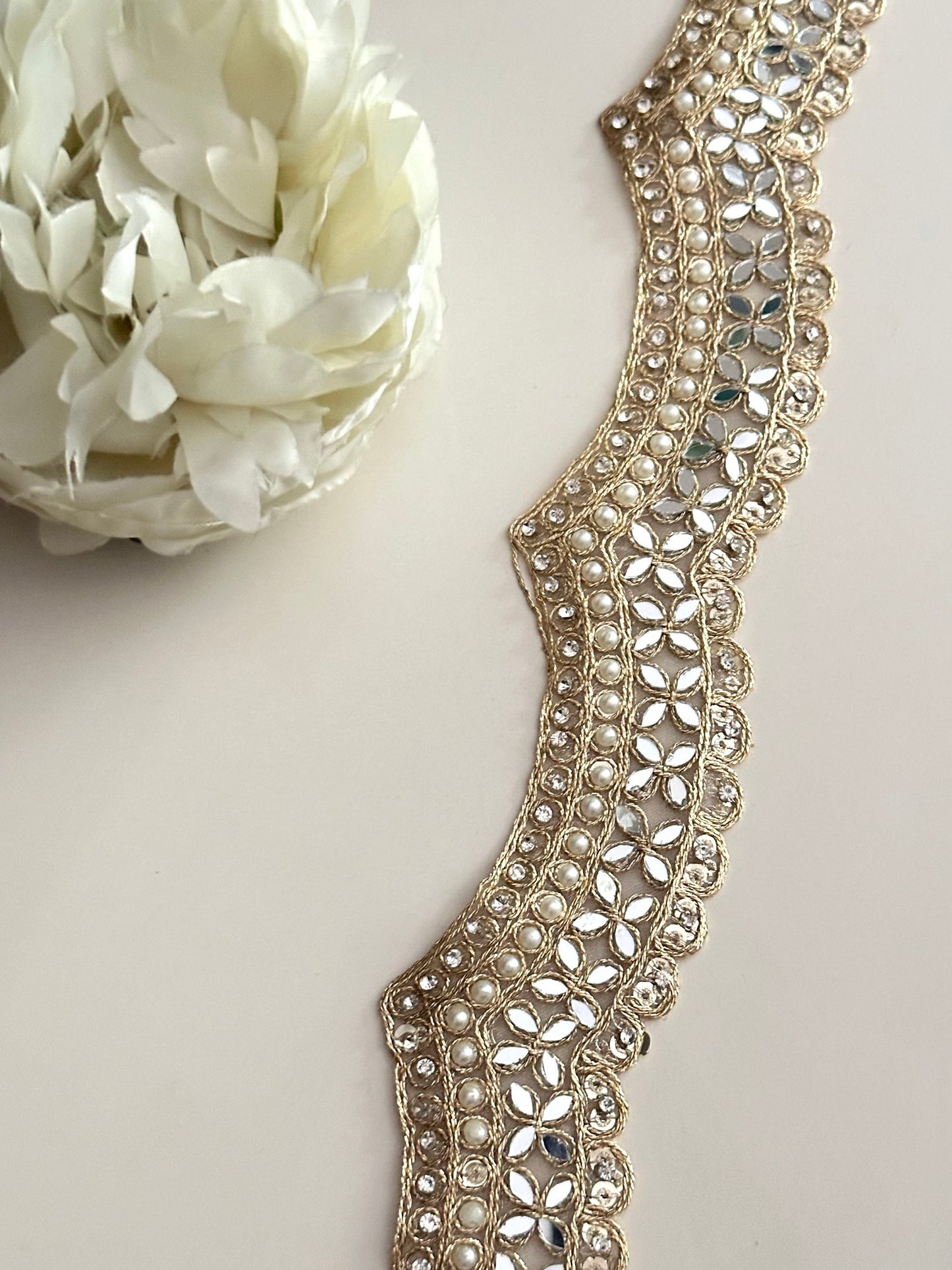 4cm Scalloped Indian Embroidered Border Pearl Bead Mirror & Zircon Trim