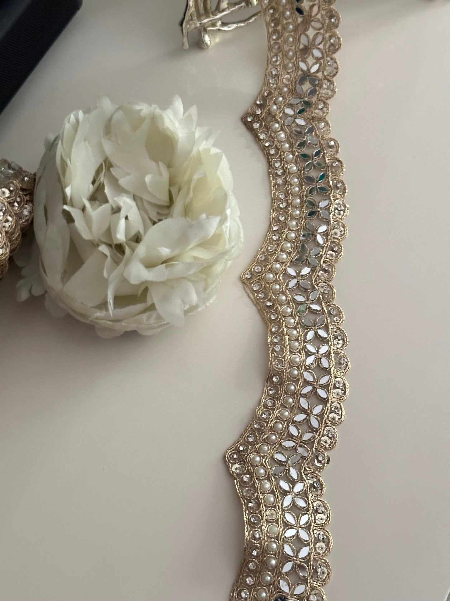 4cm Scalloped Indian Embroidered Border Pearl Bead Mirror & Zircon Trim