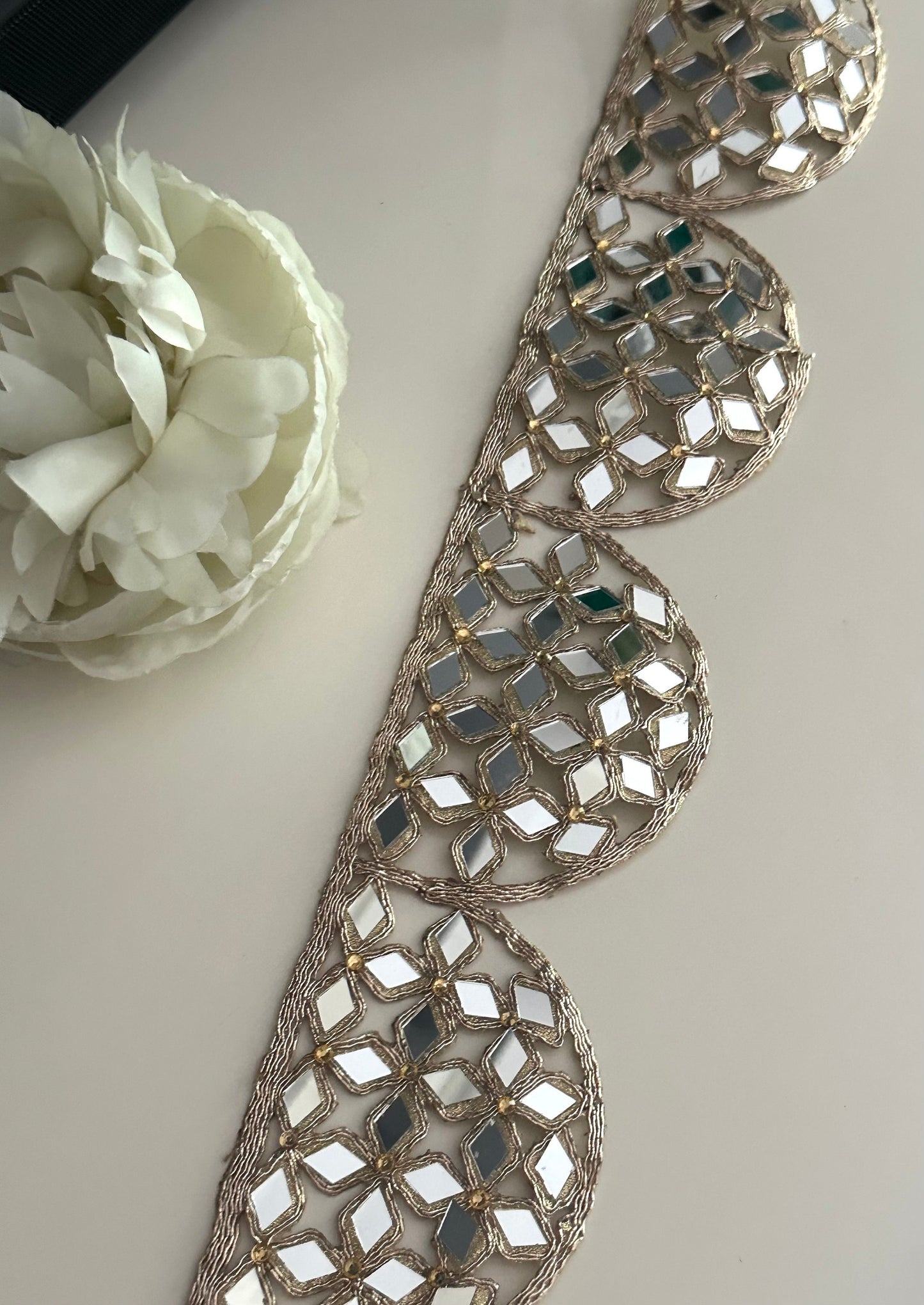 Mirror Work Border 7cm Scallop Rose Gold Hand Crafted For Mirror Belt Kaftans saree Suit Neck