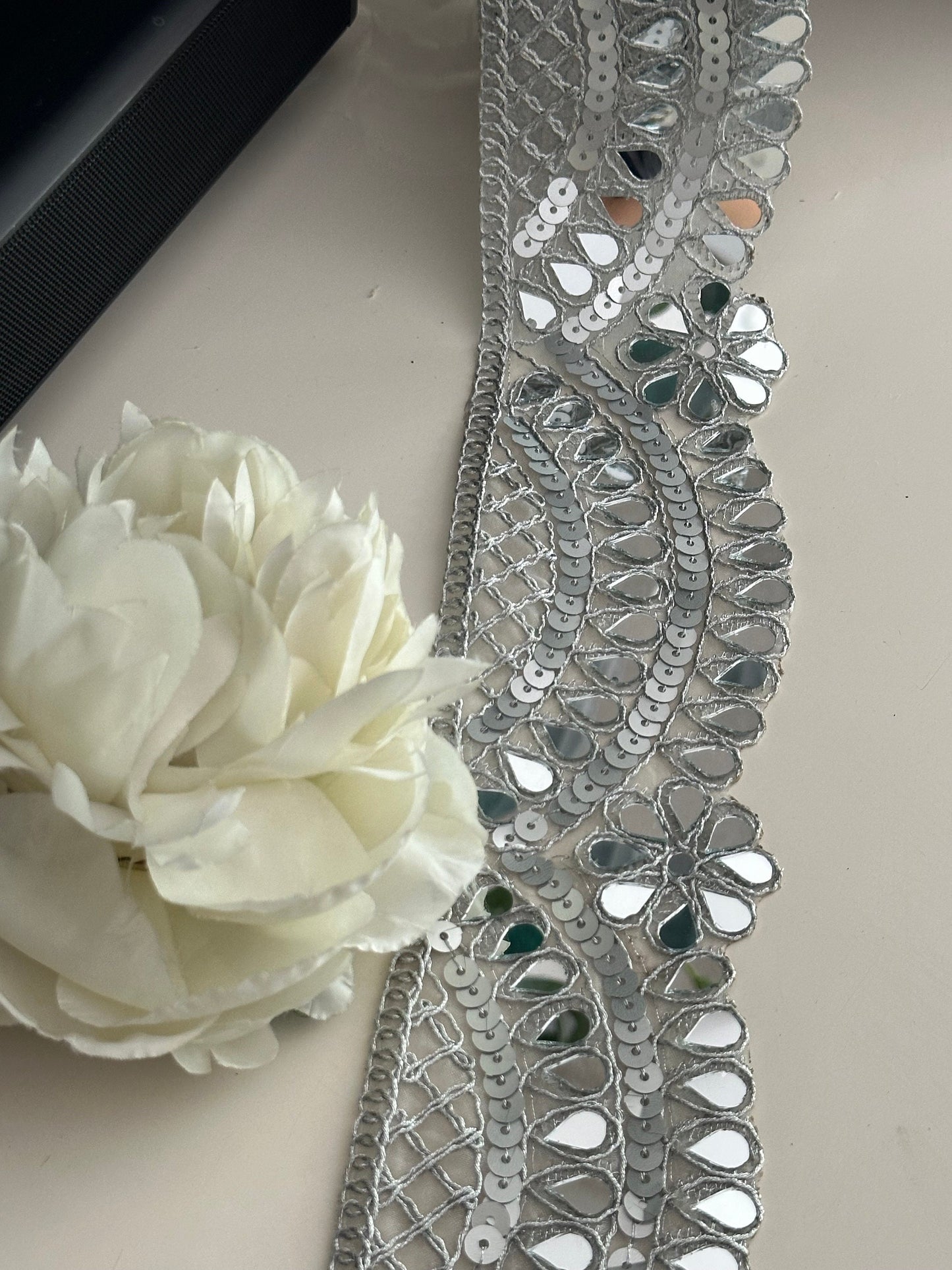 7cm Silver Scalloped Mirror Trim Cutwork Choker Band Indian Sequin Embroidered Border Waist Belt