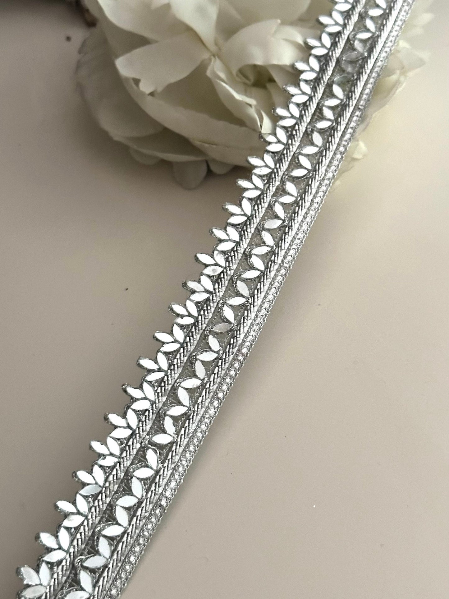 Indian Mirror Trim On Zari Base Glamourous saree Border 2.5cm Silver Indian Bollywood Mirror Band