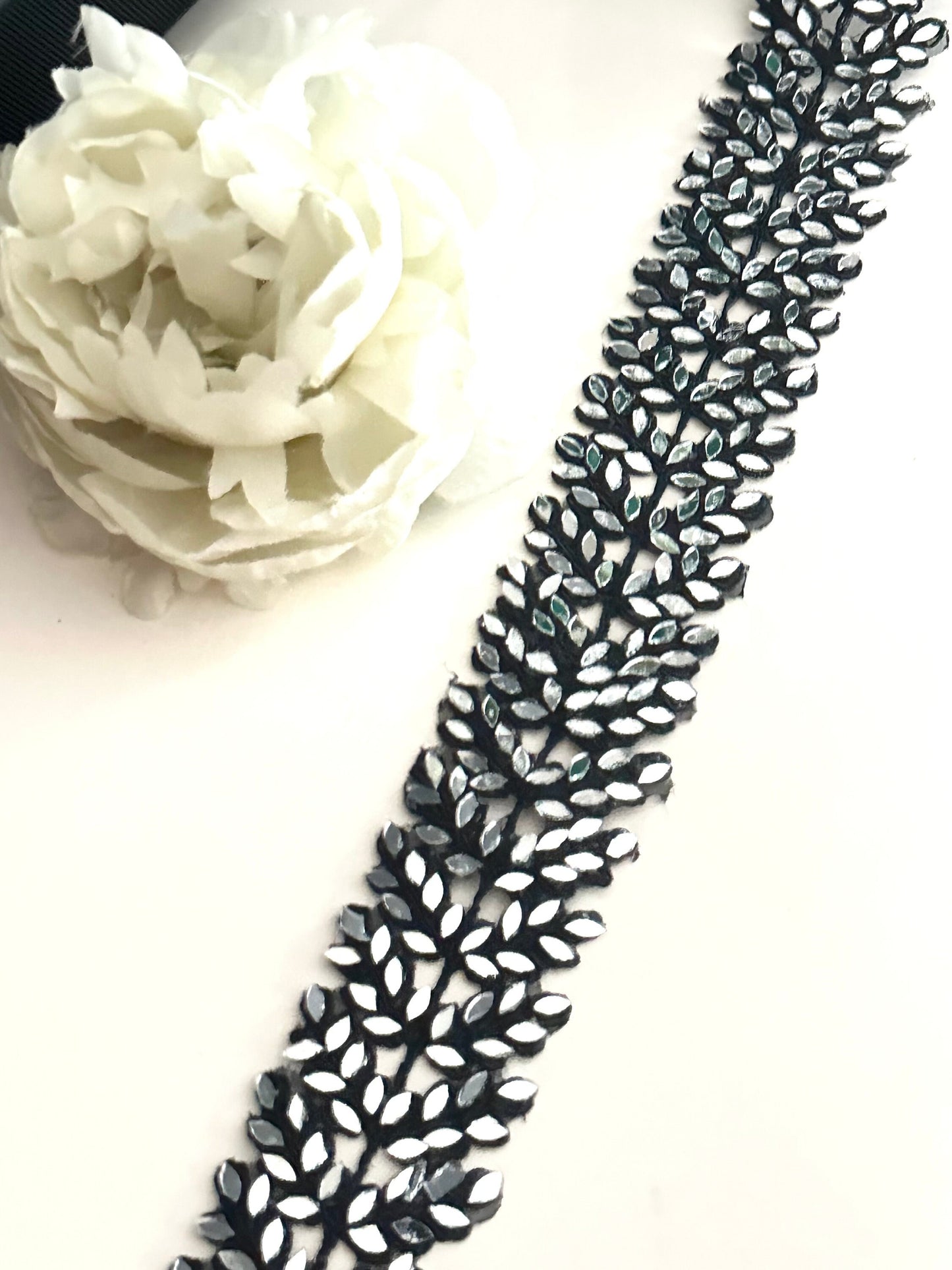 Gothic Black Real Mirror Cutwork Vine Border Saree Trim Indian Mirror Embroidery Lace