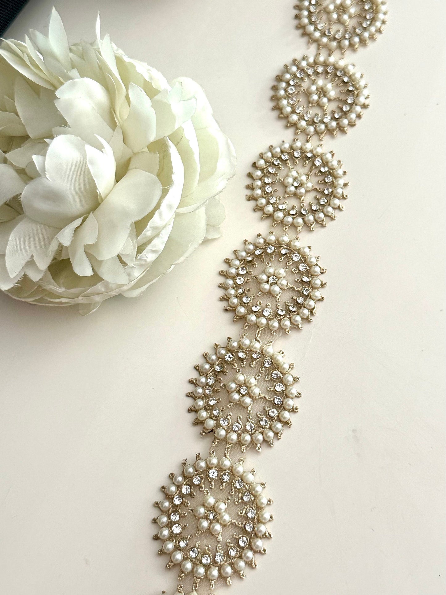 Round Gold Pearl & Zircon work trim for Choker and Waist Band 4cm Indian Embroidery Trim