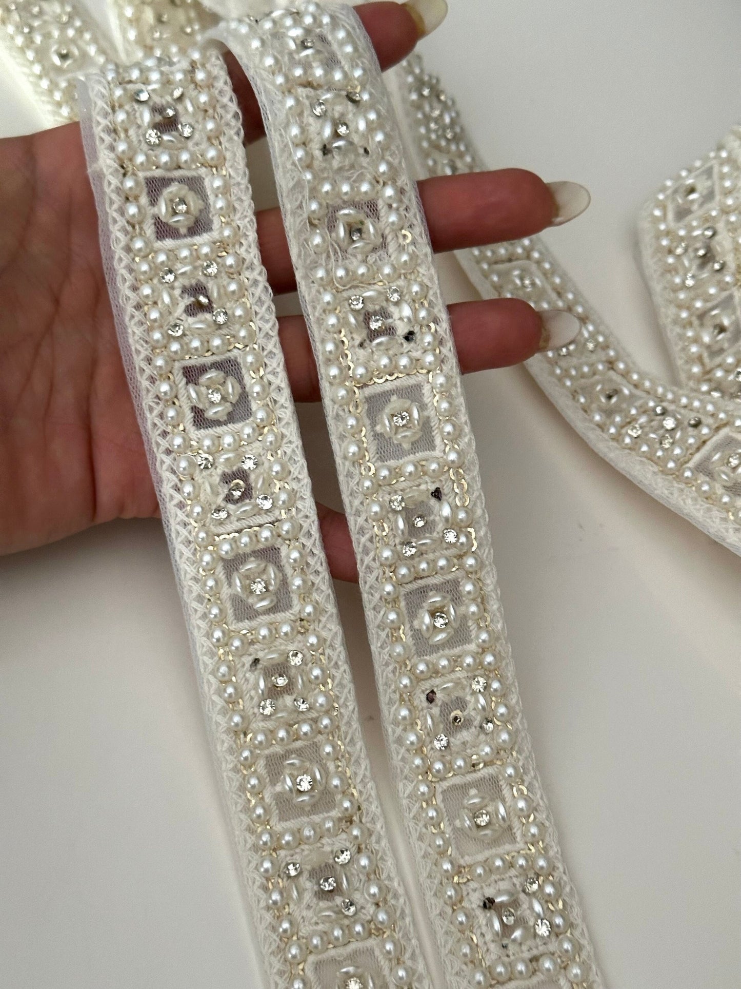Pearl Beaded Zircon Trim Ivory White Catholic Wedding Lace for Bridal Gown