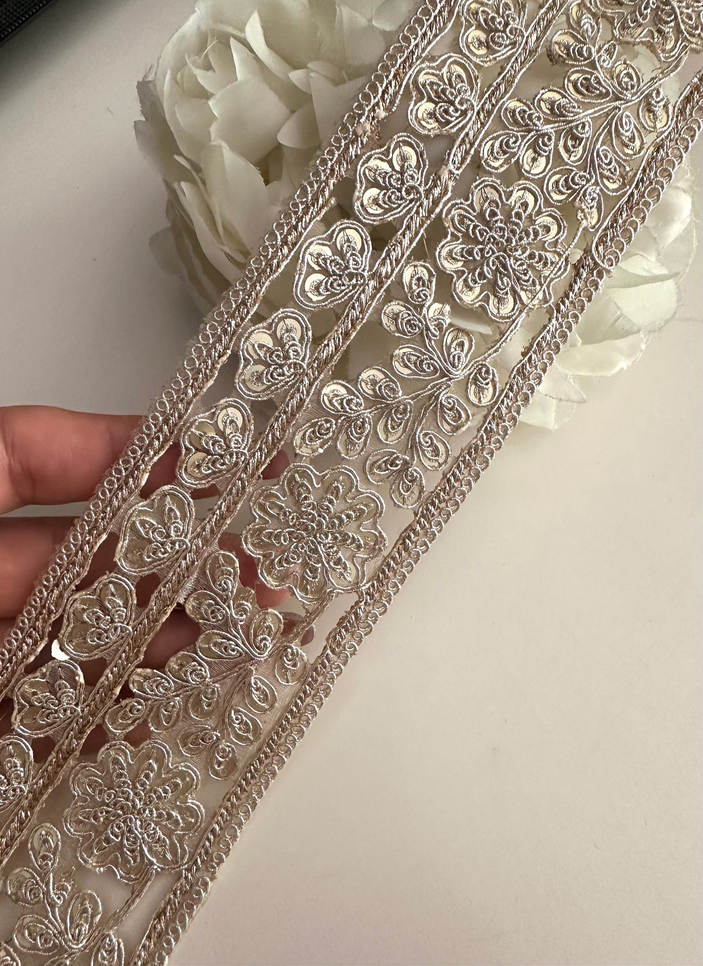 Indian Zari Embroidery & Sequin Cutwork Trim Pale Gold Traditional Trim