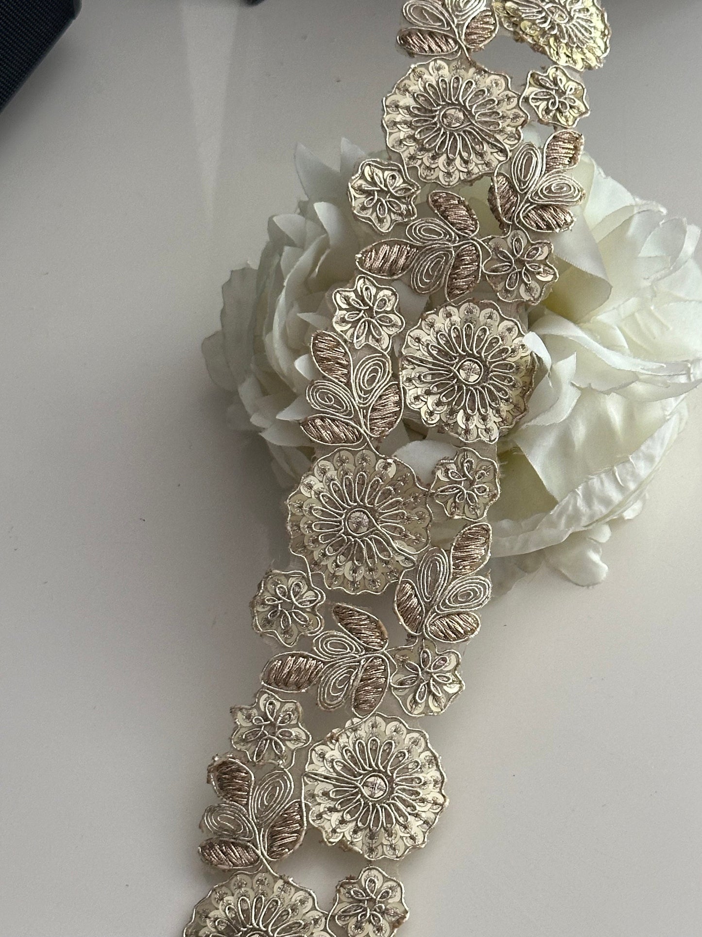 Zari Appliqué Floral Cutwork Light Gold Indian Embroidered Sequence Ribbon 5cm
