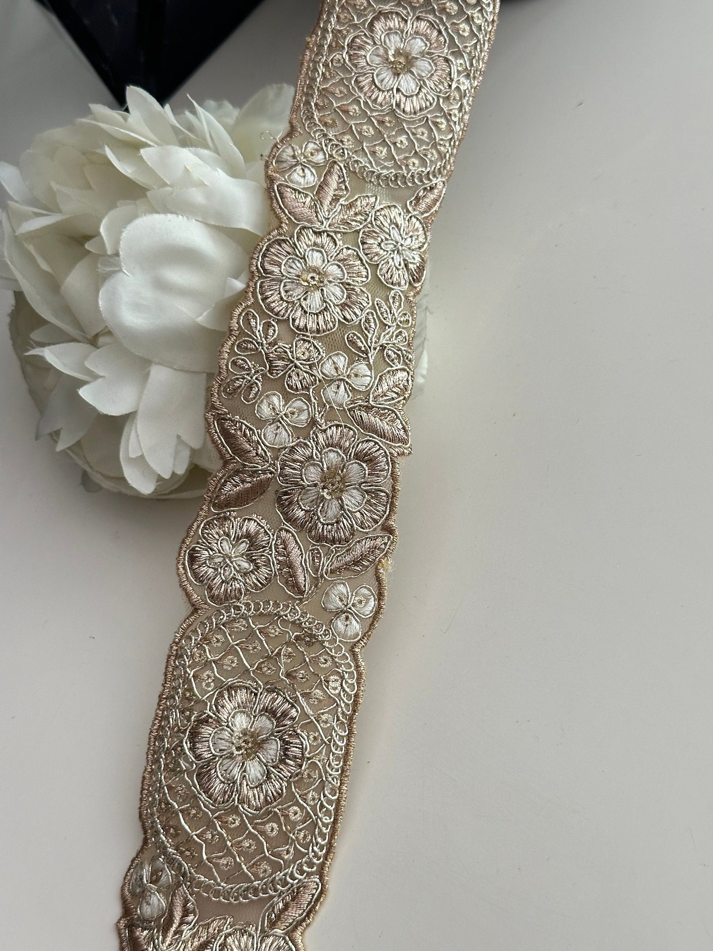 5cm Indian Embroidered Zari Work Pale Gold Floral Trim Sari Border Traditional Embossed