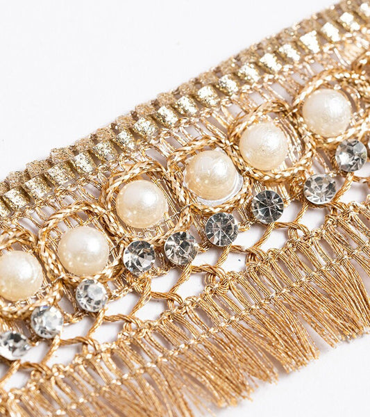 Pearl Crystal Zari Fringe Lace Gold