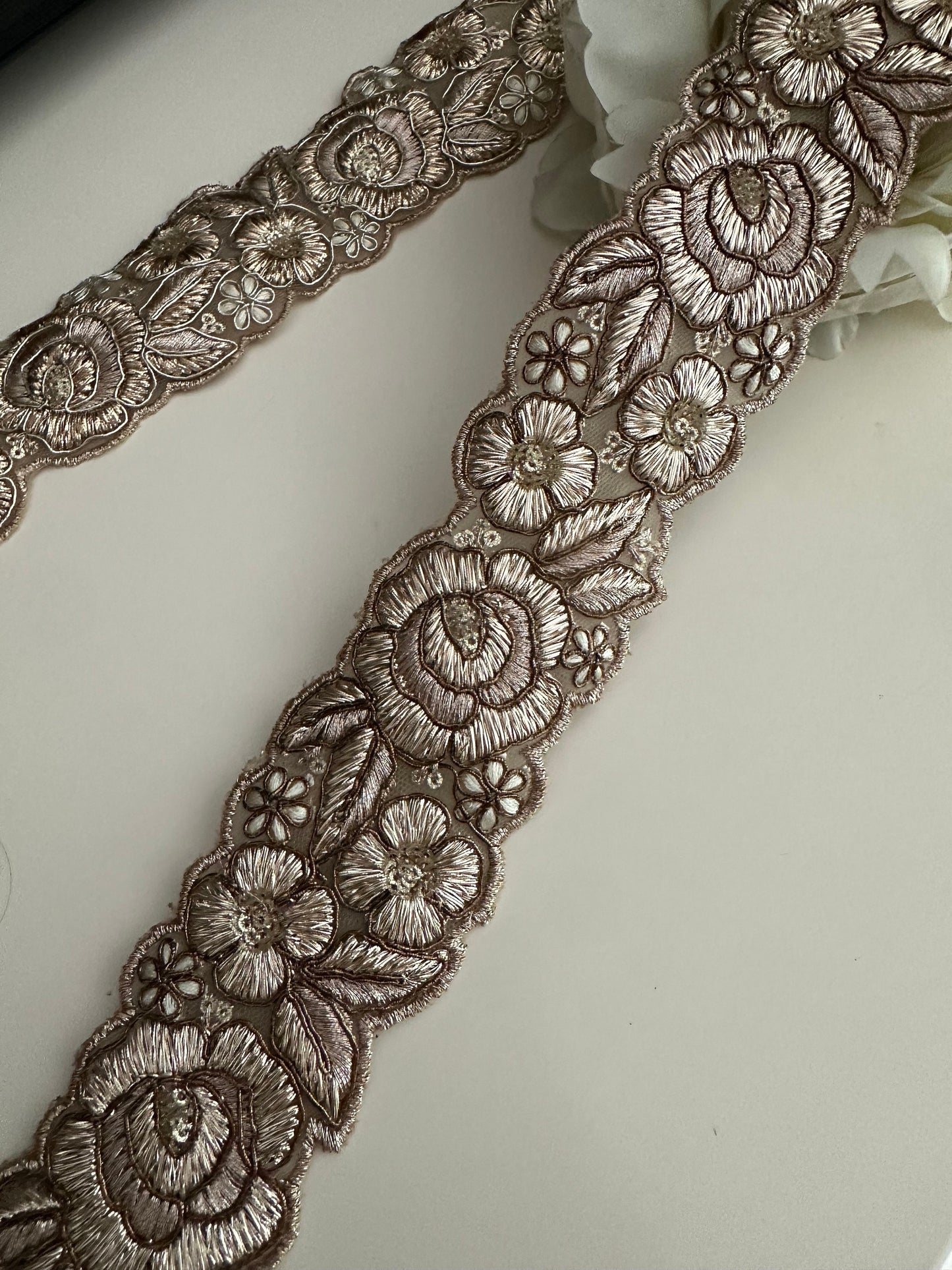 Indian Zari Embroidered Embossed Rose design 5cm Antique & Gold Indian trim ribbon