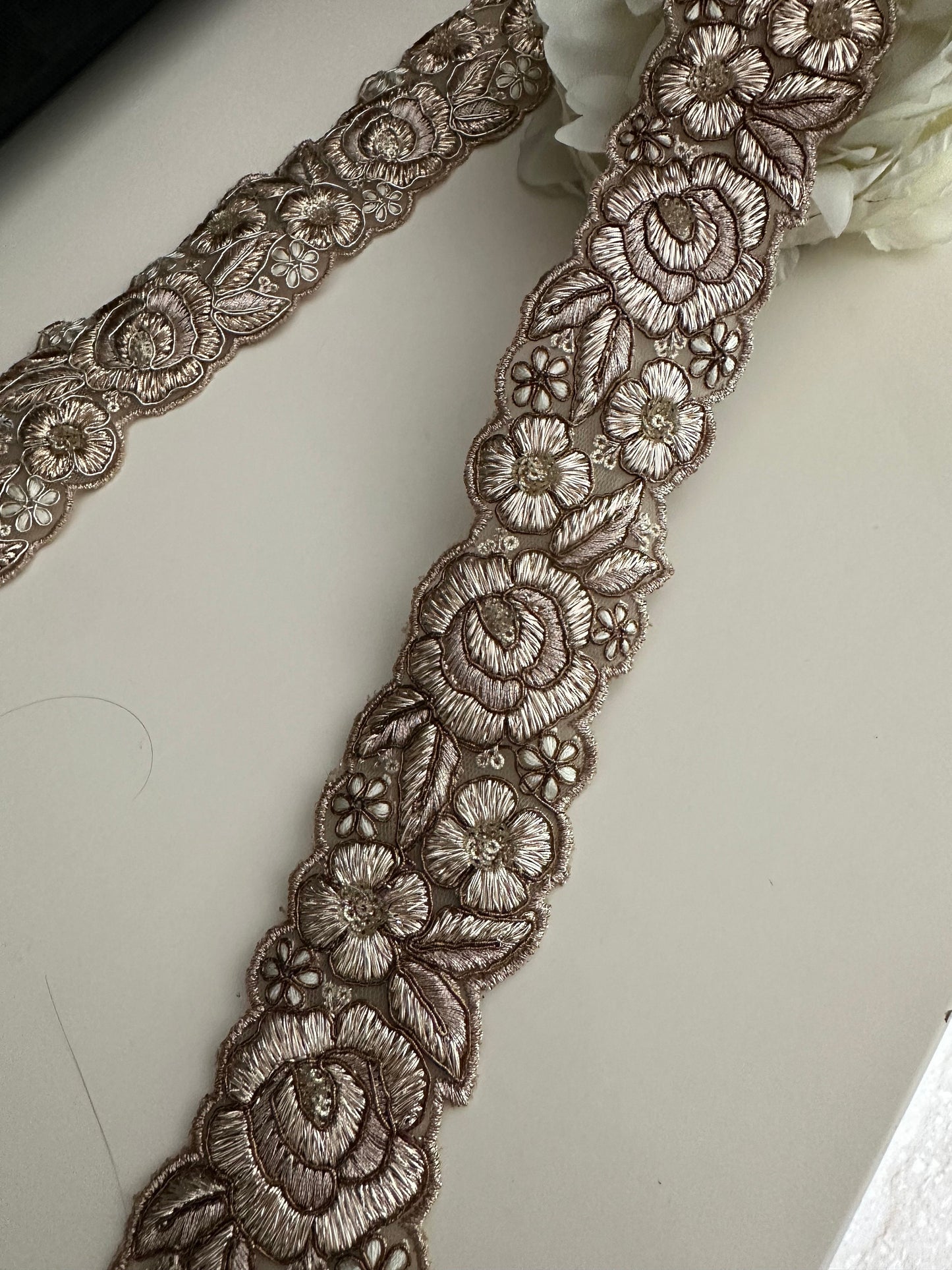 Indian Zari Embroidered Embossed Rose design 5cm Antique & Gold Indian trim ribbon