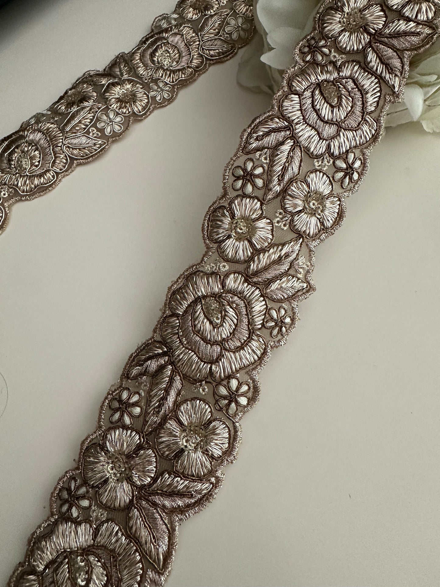 Indian Zari Embroidered Embossed Rose design 5cm Antique & Gold Indian trim ribbon