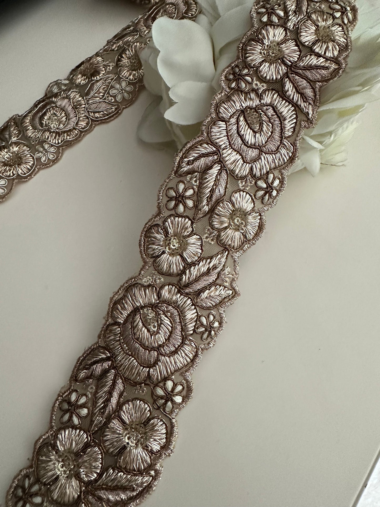 Indian Zari Embroidered Embossed Rose design 5cm Antique & Gold Indian trim ribbon