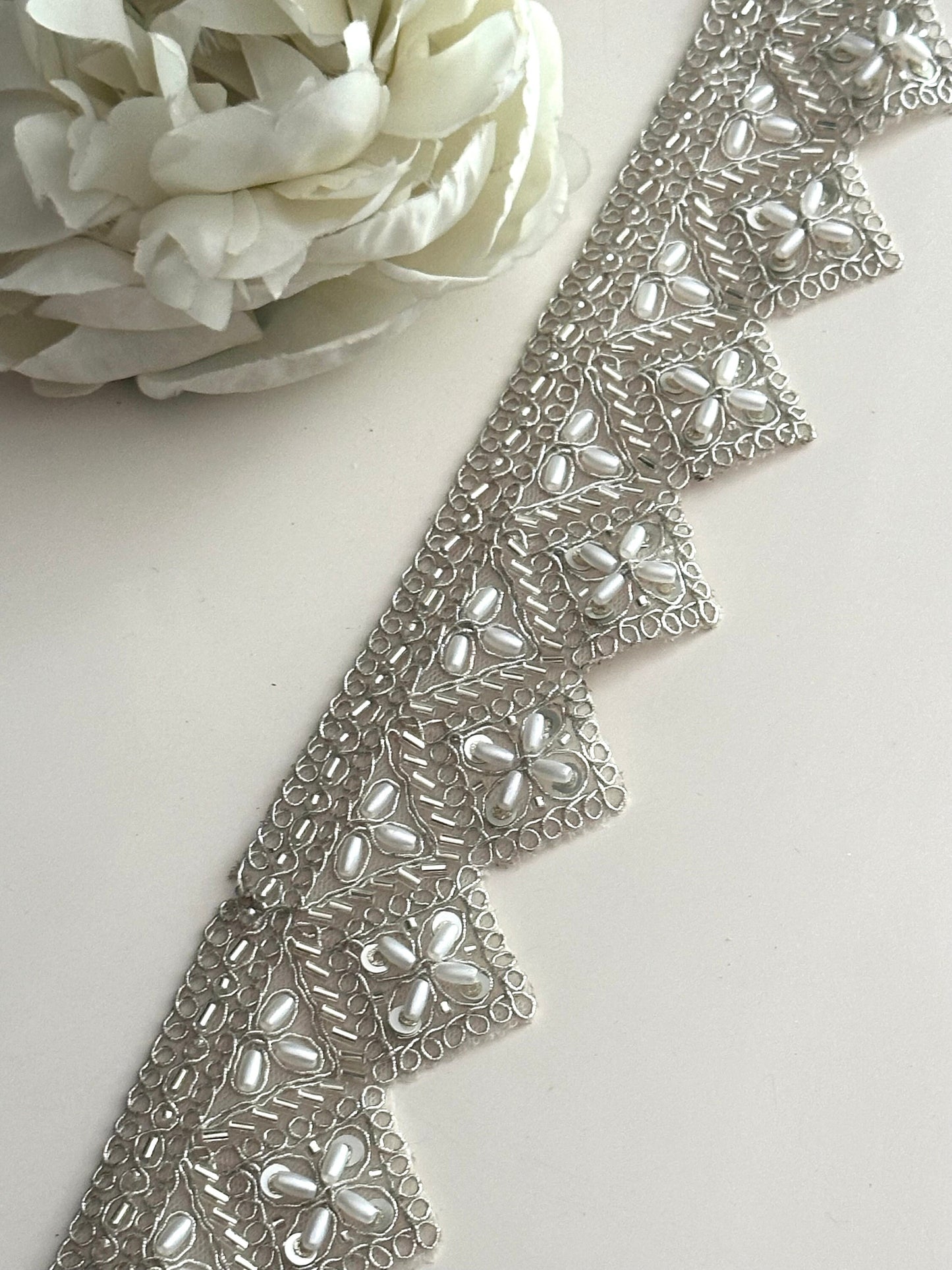Silver Pearl Glass Bead Trim Zari Lace Indian Saree Border Embellished Lace