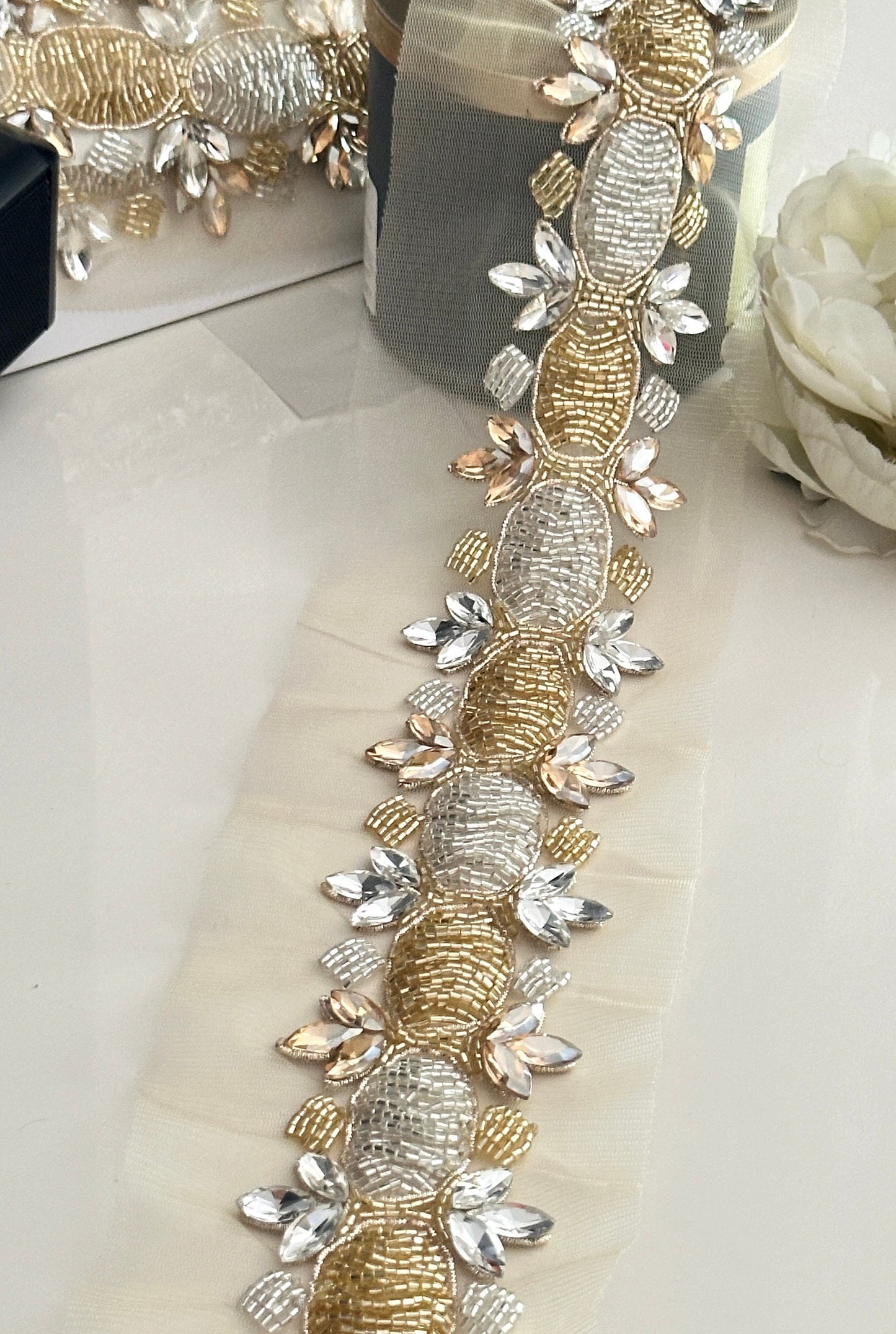 Bridal Rhinestone Sash Belt Silver & Gold Bridal Applique Sash