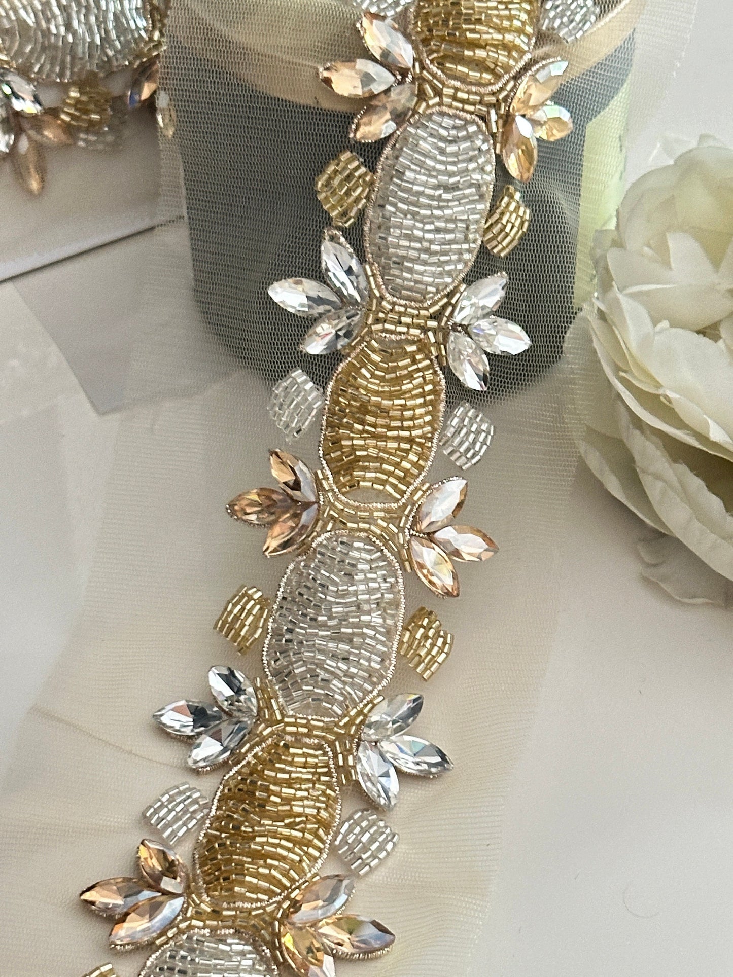 Bridal Rhinestone Sash Belt Silver & Gold Bridal Applique Sash