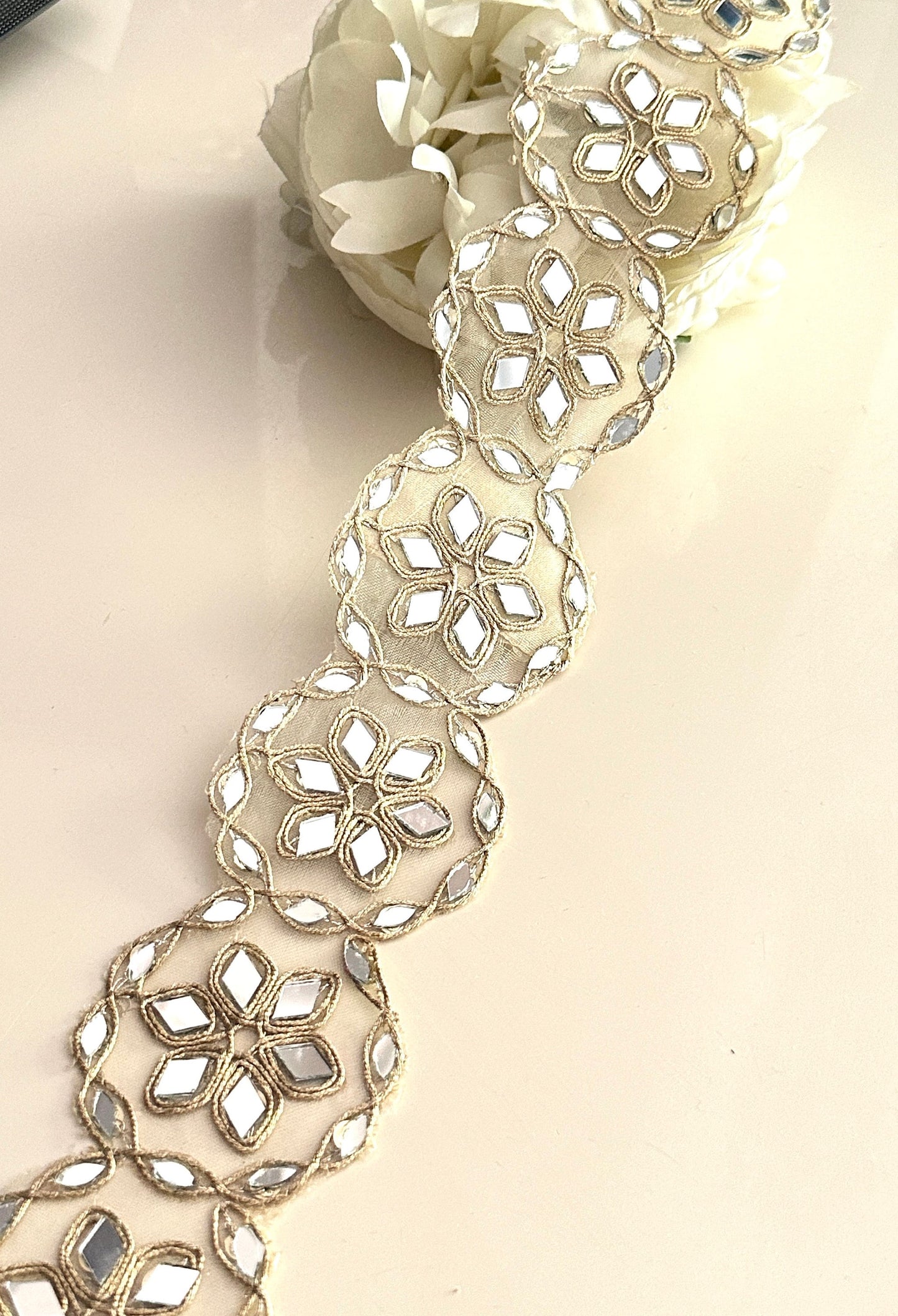 Mirror Choker Bands Tulle Fabric Trim Hand Beaded Costume Add on Festive Outfit