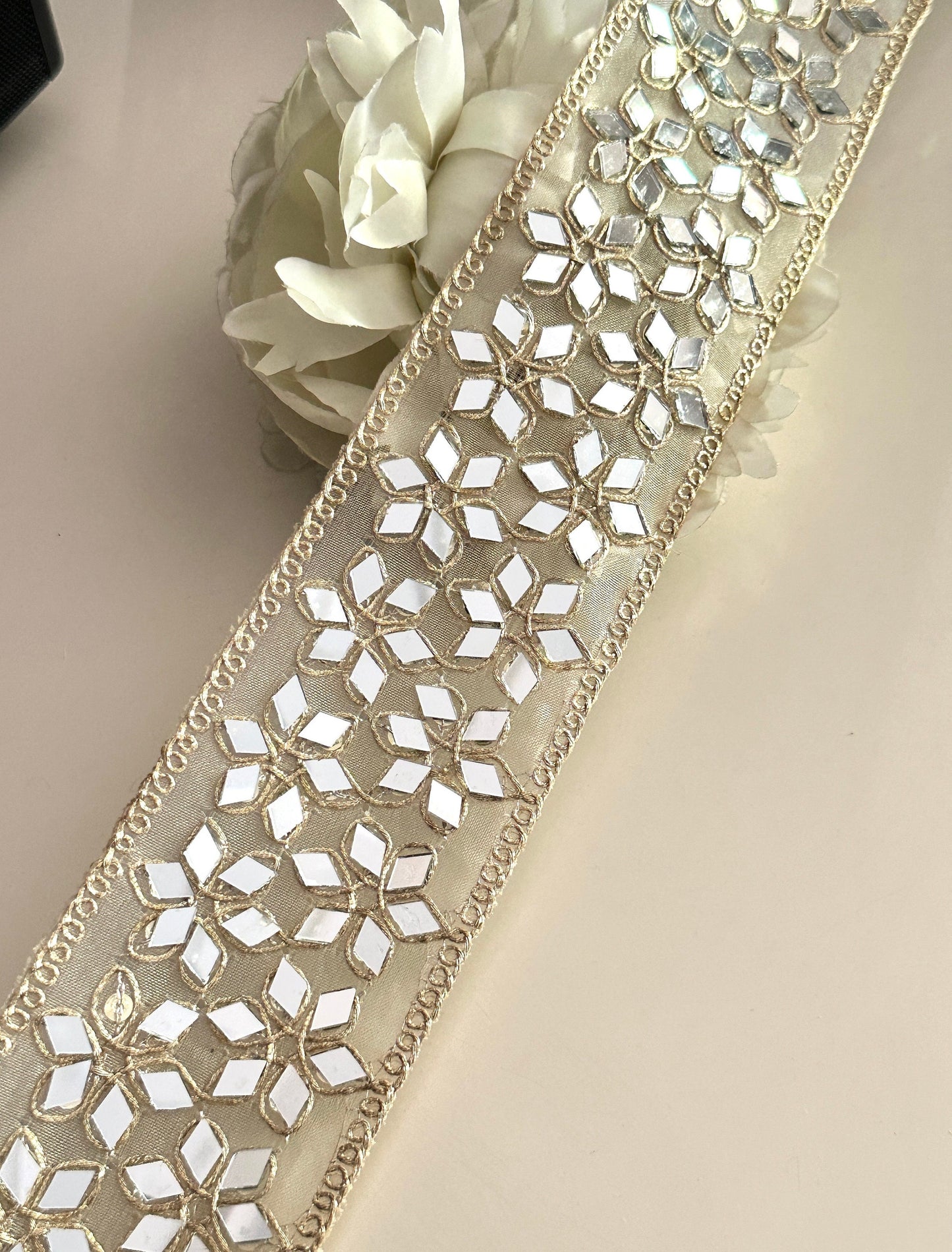 Indian Mirror Embellished Band Geometric Flower 6.5cm Choker Mirror Ribbon