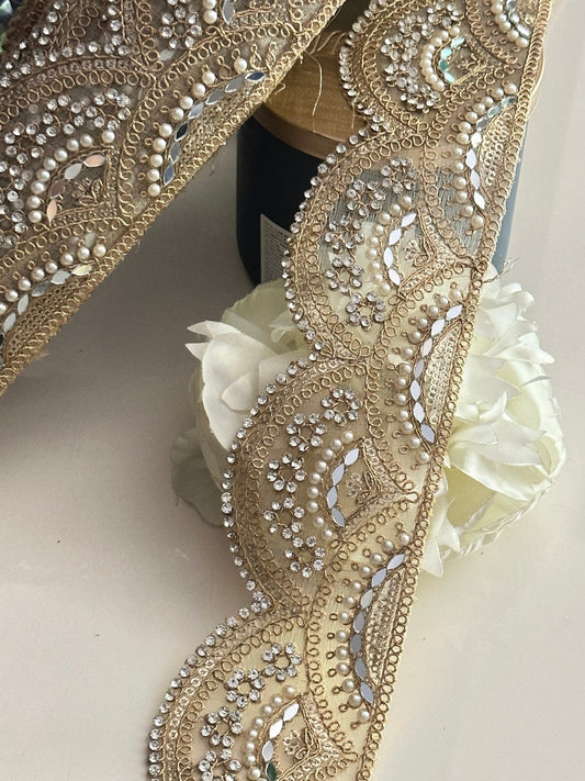 Scalloped Zircon and Mirror Dupatta Lace Gold