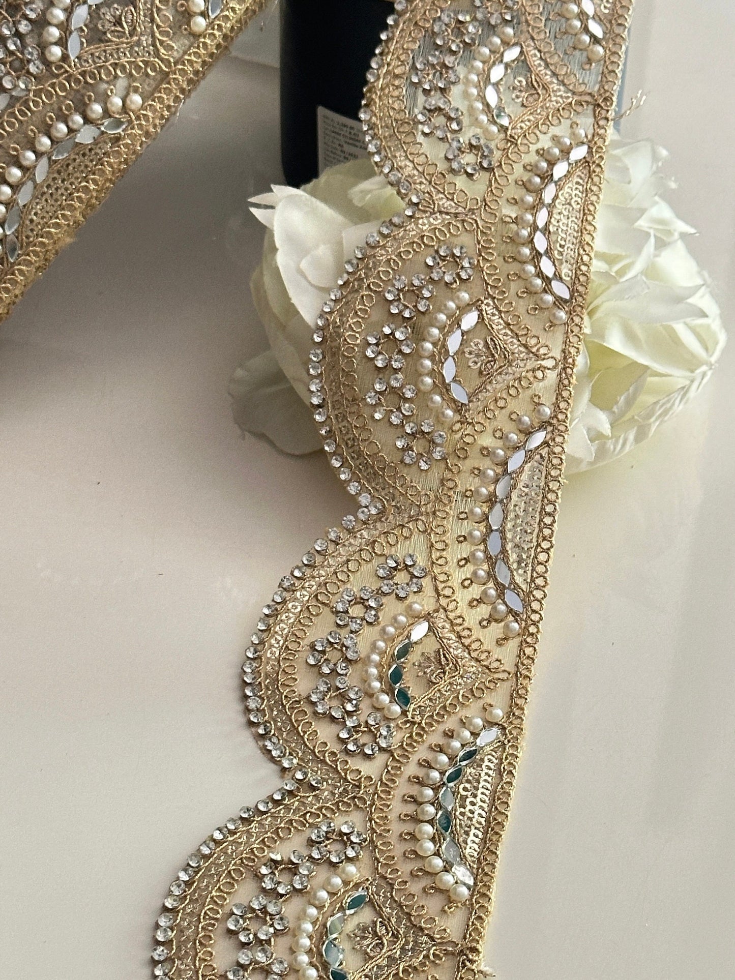 Scalloped Zircon and Mirror Embellished Pearl Sari Indian Border Indian Dupatta Lace