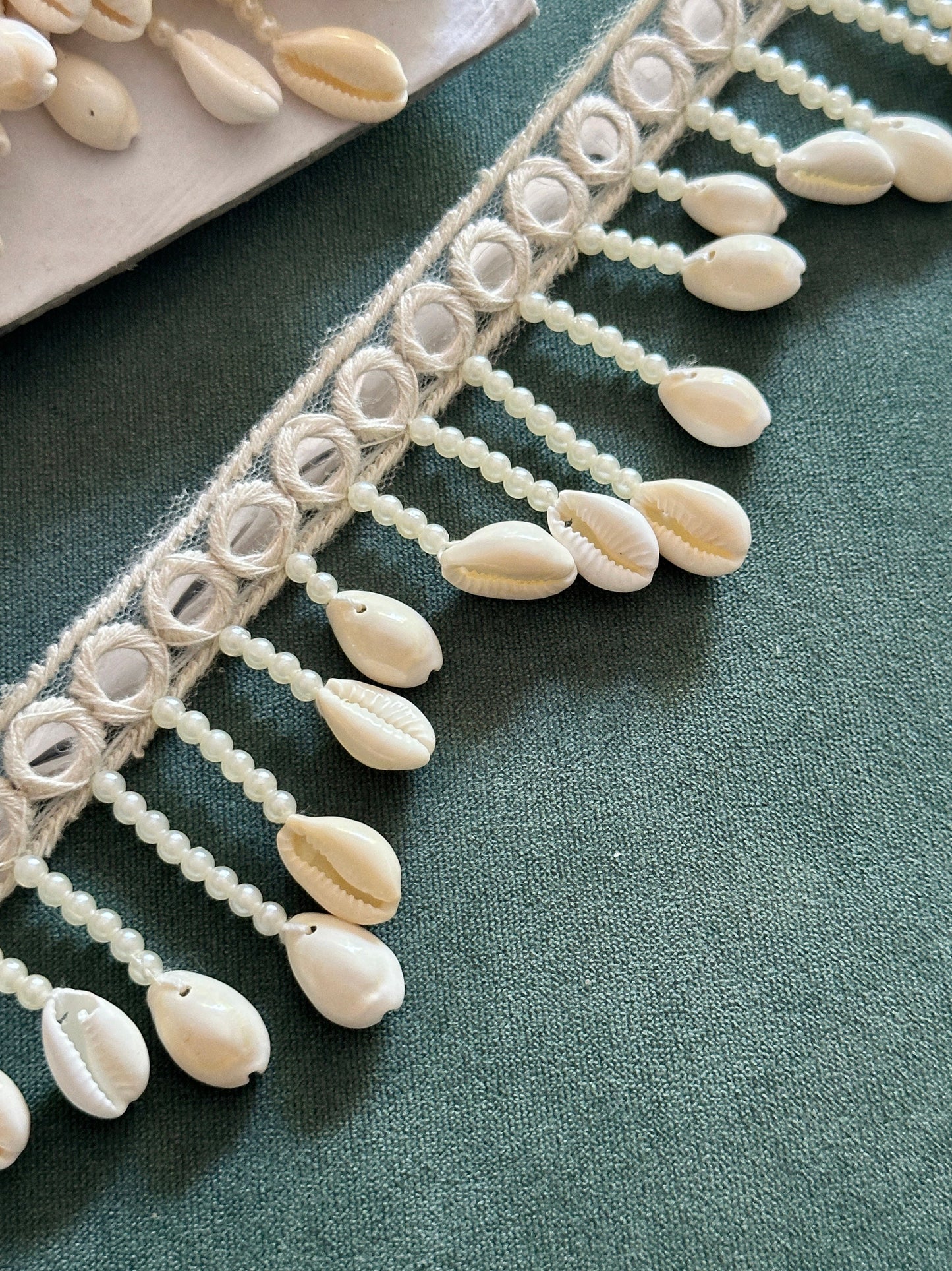 White Pearl & Cowri Shell Decorative Tassel Mirror Tassel Boho Edging Latkan Trim