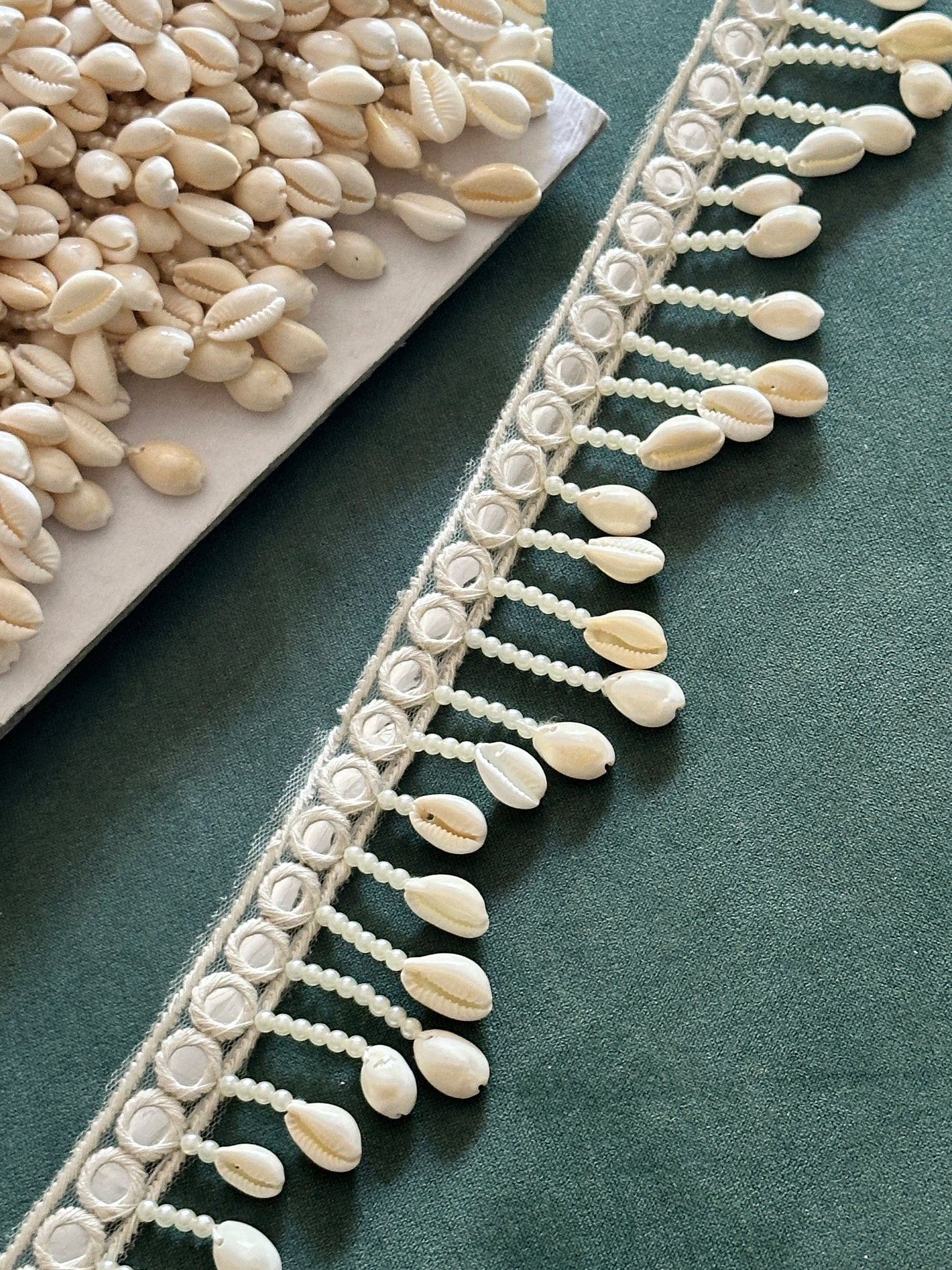 White Pearl & Cowri Shell Decorative Tassel Mirror Tassel Boho Edging Latkan Trim