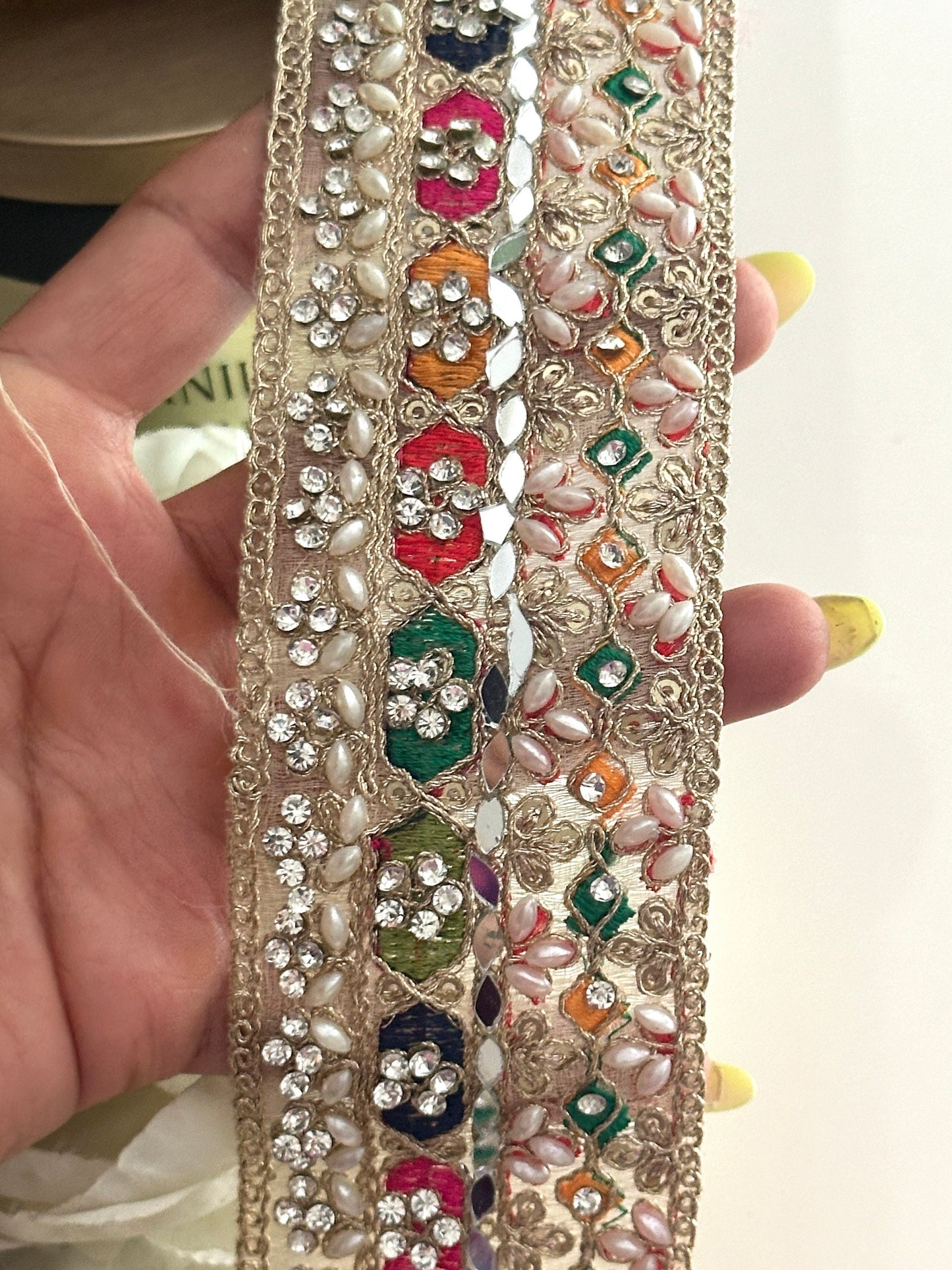Pearl Embellished Colourful Indian Embroidery ribbon 5.5cm Premium Lace trim