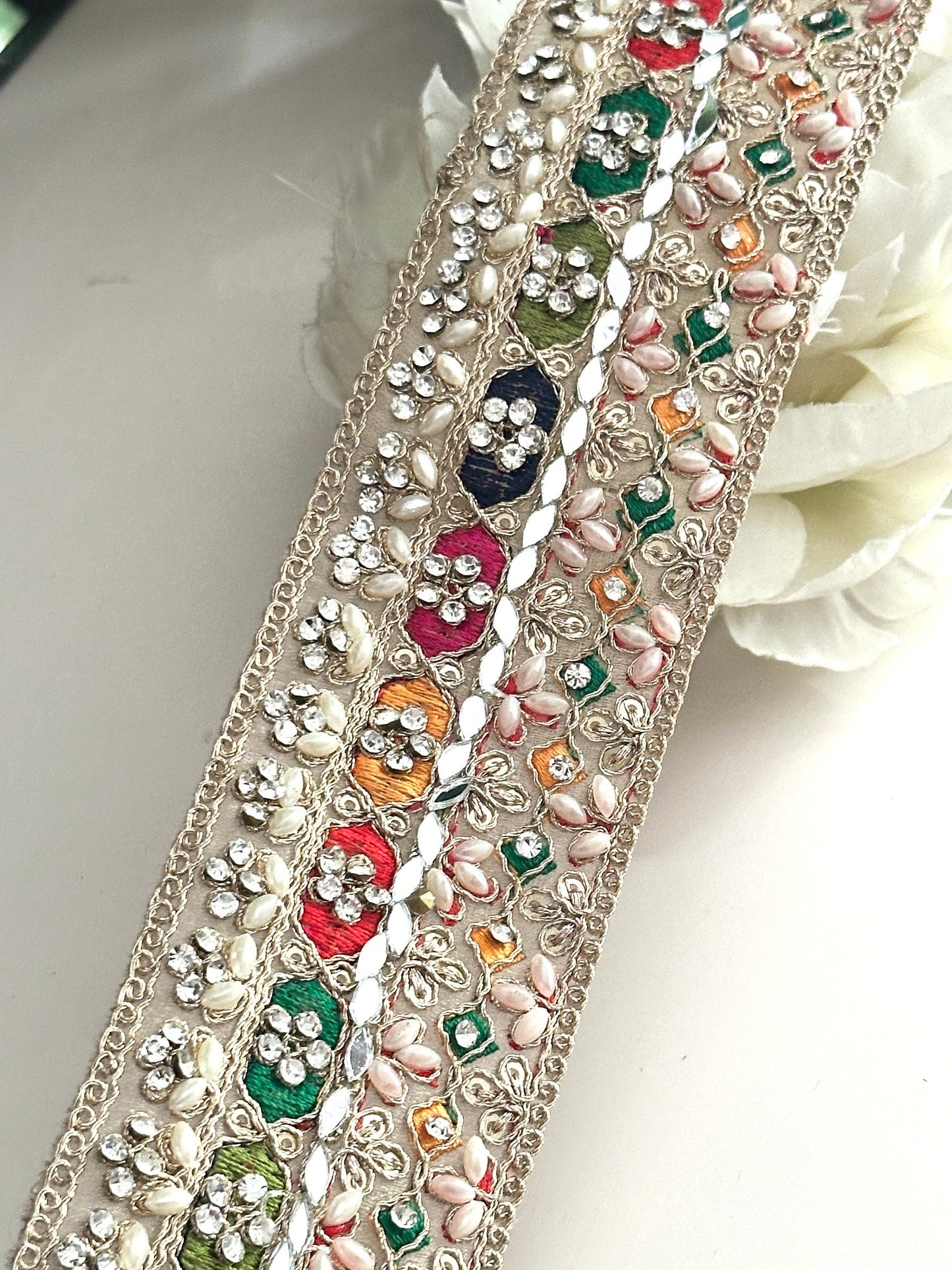 Pearl Embellished Colourful Indian Embroidery ribbon 5.5cm Premium Lace trim
