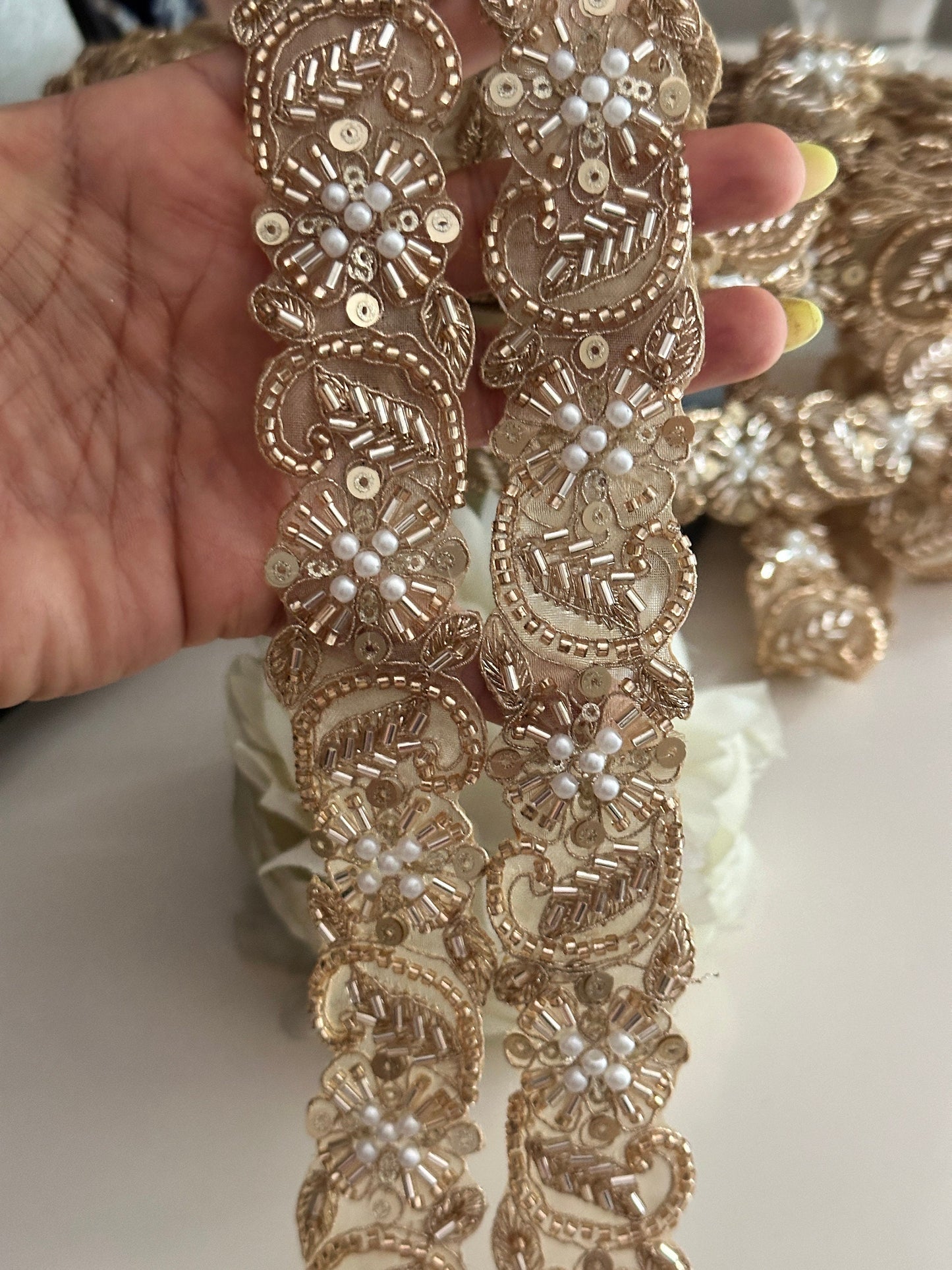 Gold Glass Bead Pearl 3cm Embellished Bridal Lace Crafting Cushion Trim