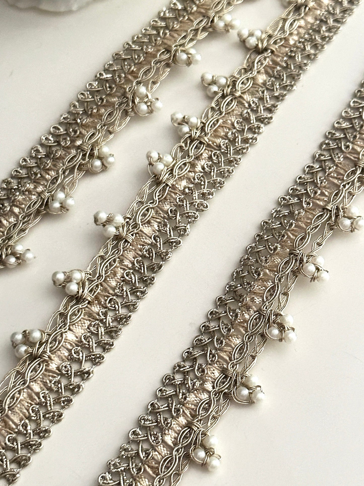 Pearl Bead Indian Metallic Thread Lace Indian Embroidered Sari Border Edging Lace