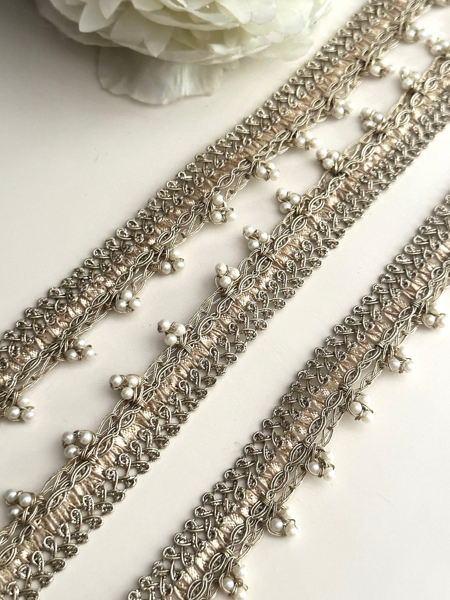 Pearl Bead Indian Metallic Thread Lace Indian Embroidered Sari Border Edging Lace