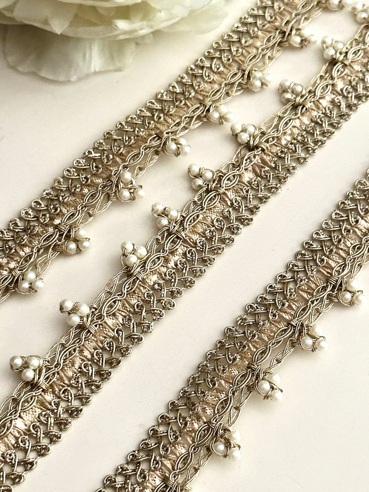 Pearl Bead Indian Metallic Thread Lace Indian Embroidered Sari Border Edging Lace