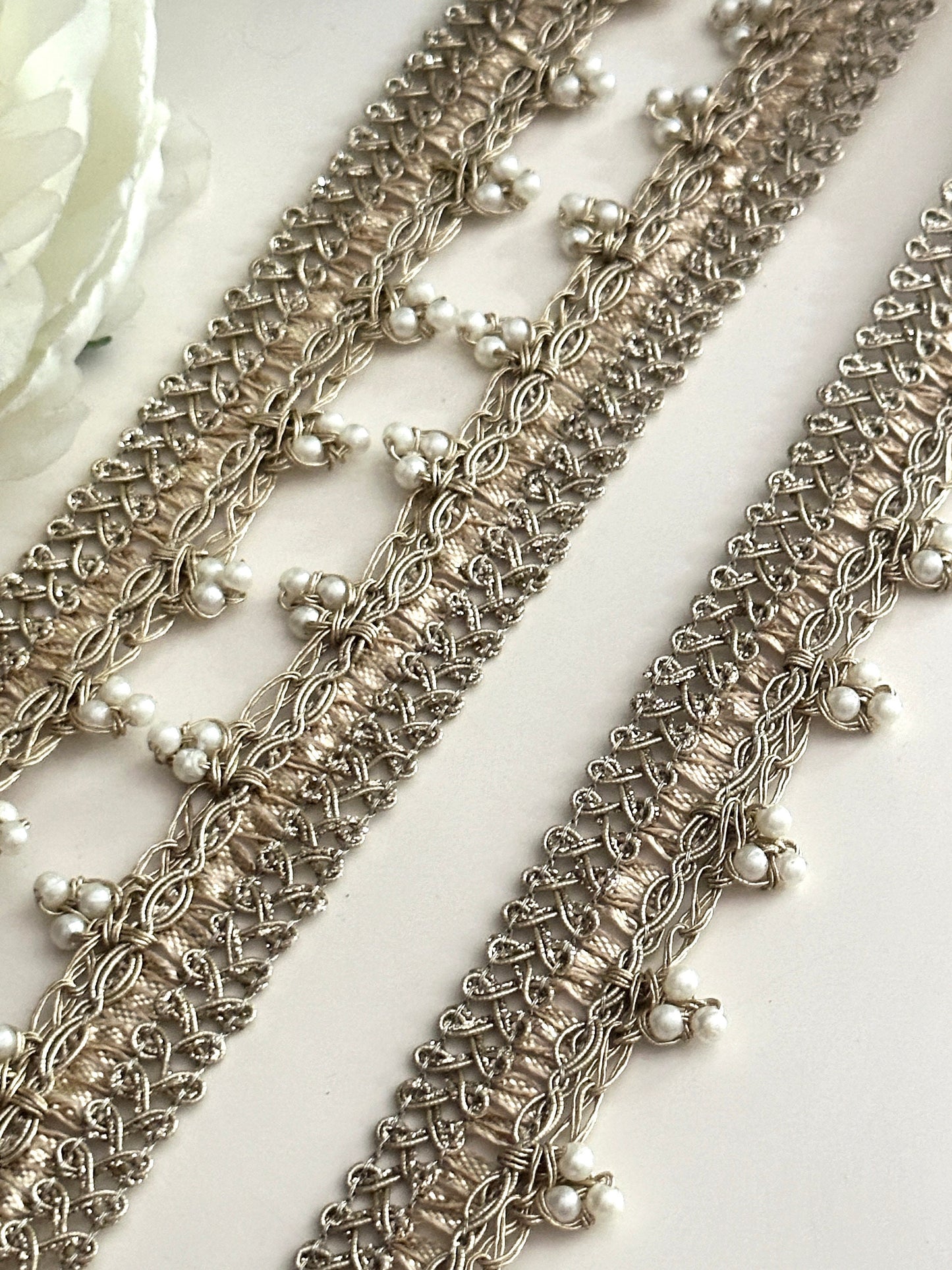 Pearl Bead Indian Metallic Thread Lace Indian Embroidered Sari Border Edging Lace