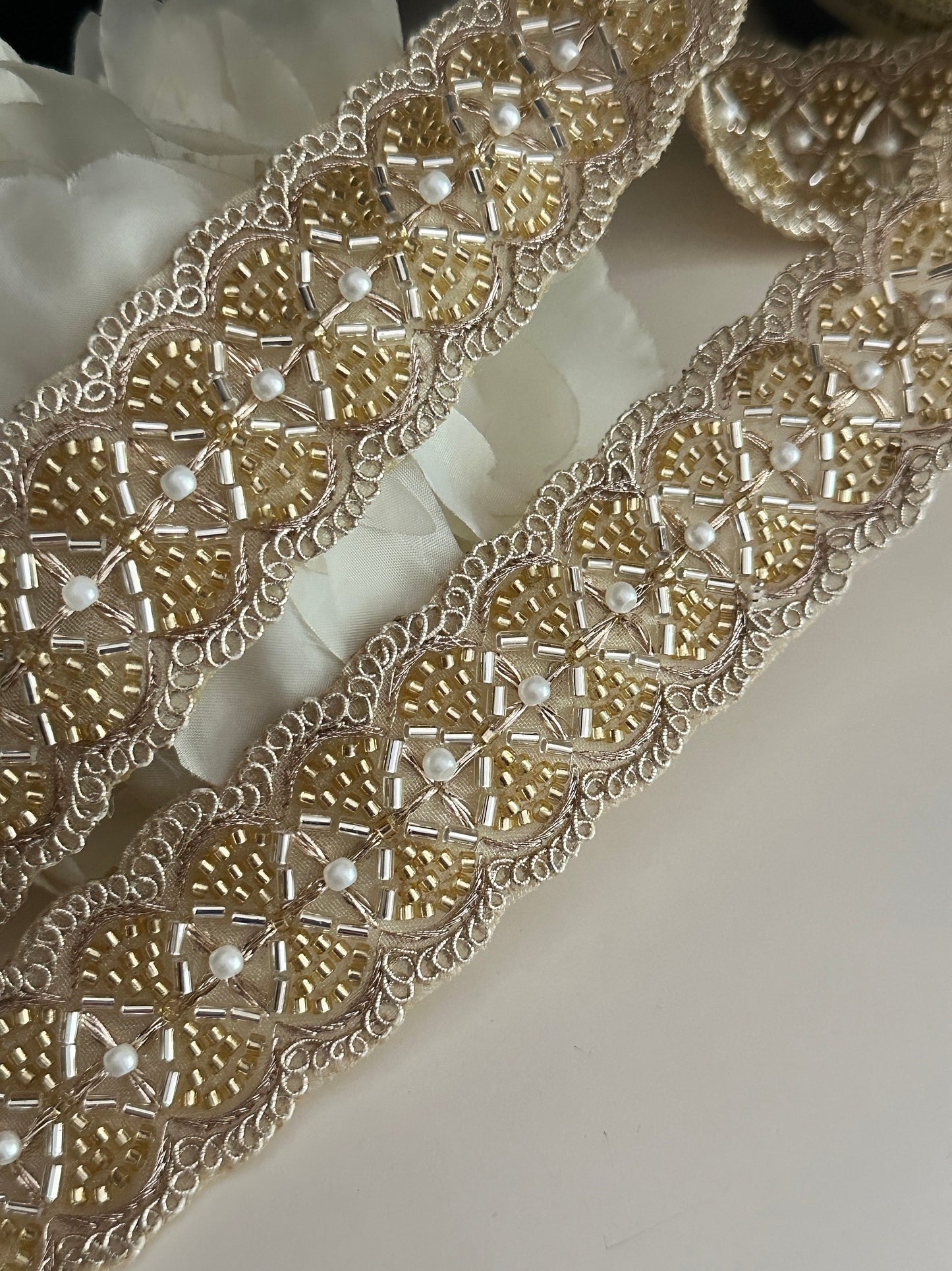 Pale Gold Glass Bead Pearl Embellished Bridal Lace 4cm Indian Embroidered Band