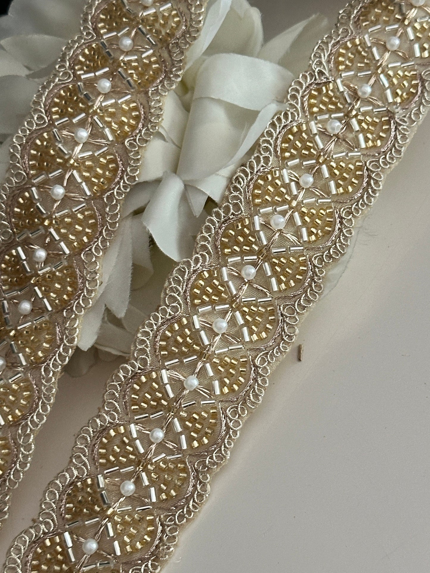 Pale Gold Glass Bead Pearl Embellished Bridal Lace 4cm Indian Embroidered Band