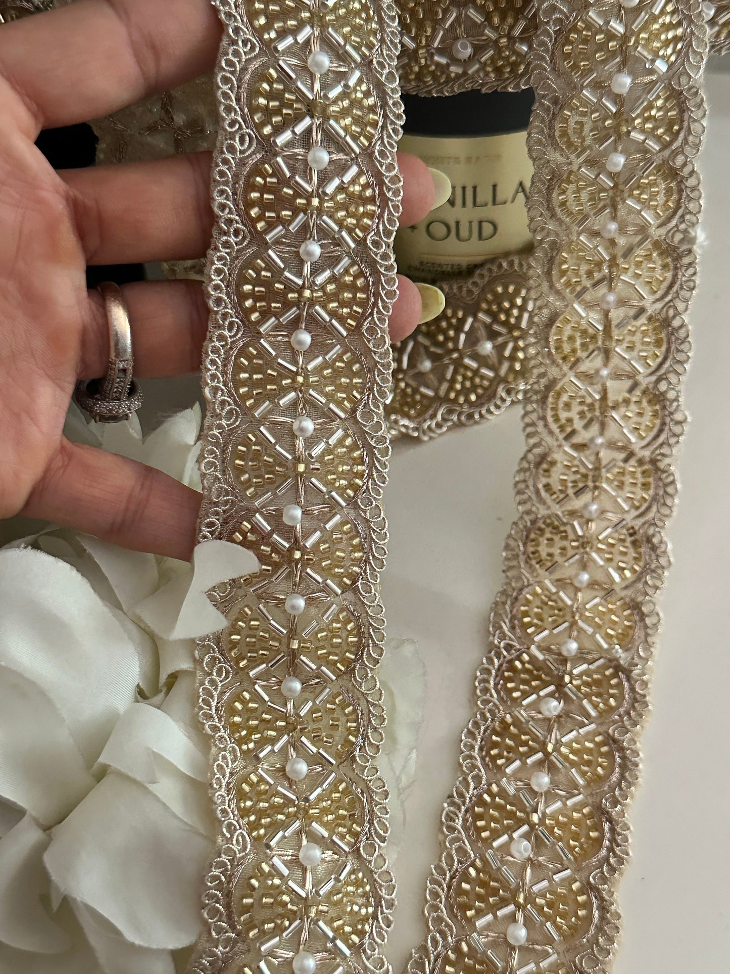 Pale Gold Glass Bead Pearl Embellished Bridal Lace 4cm Indian Embroidered Band